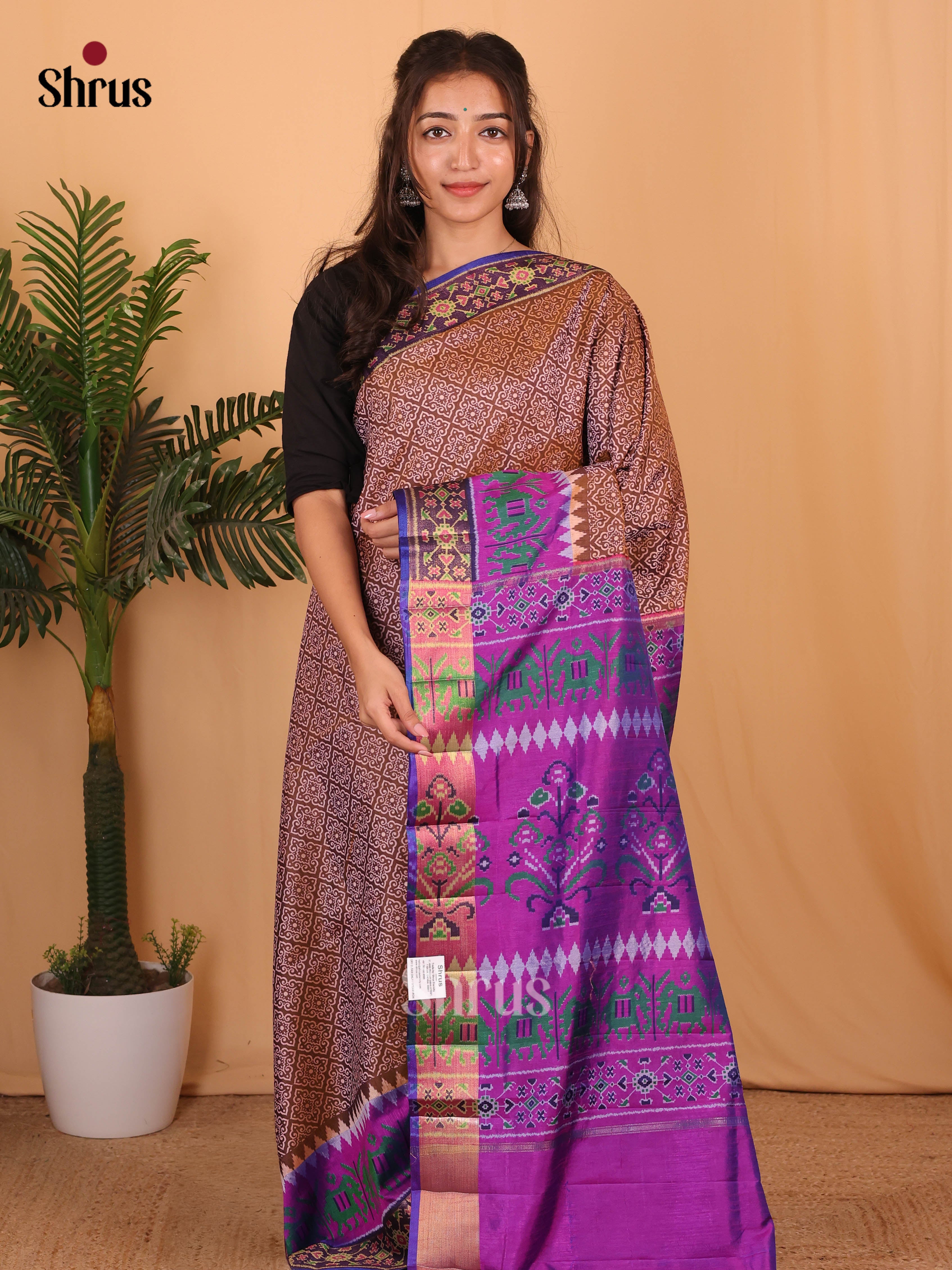 Brown & Purple - Semi Patola Saree - Shop on Shrus.com