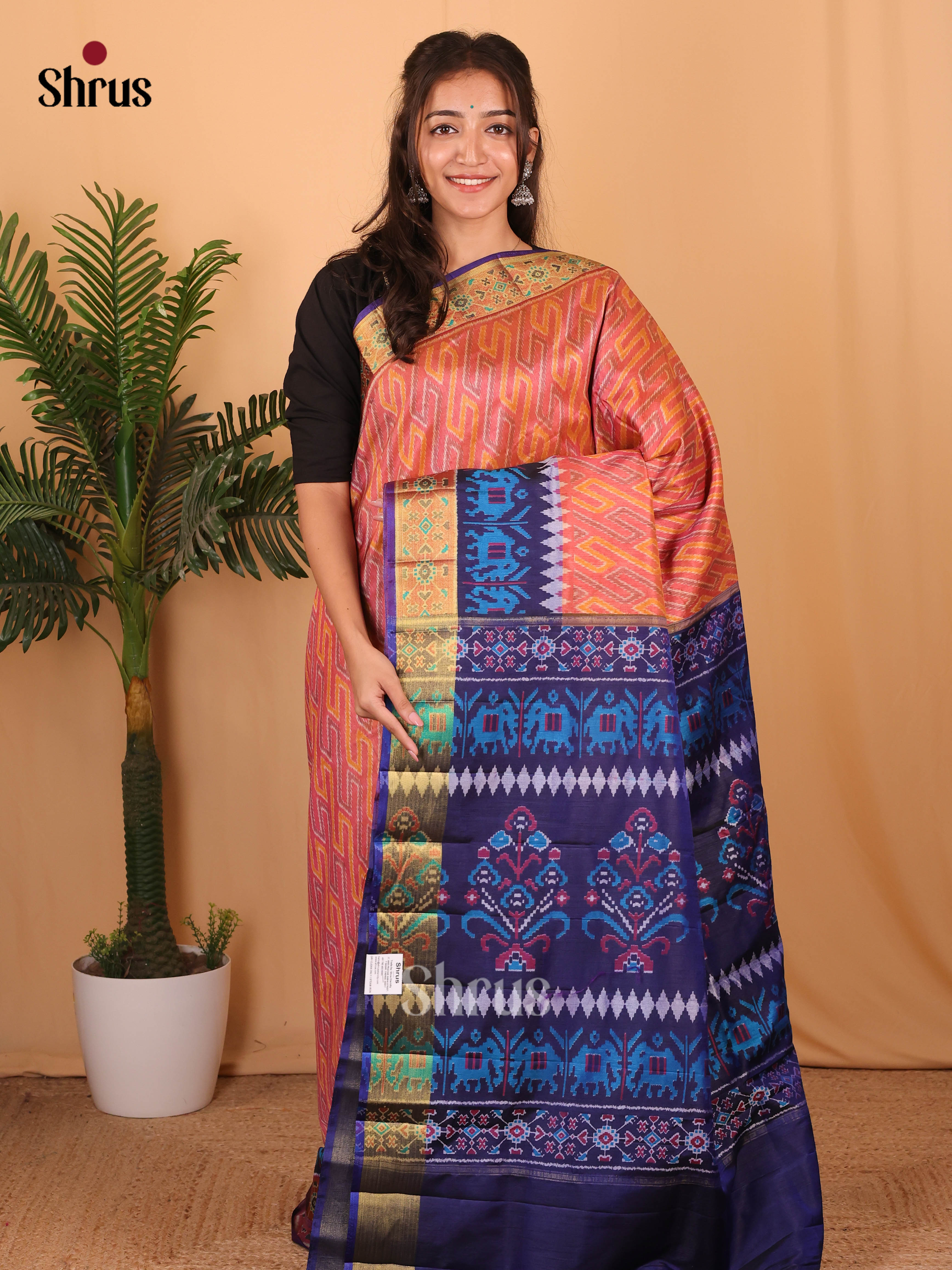 Peach & Blue - Semi Patola Saree - Shop on Shrus.com