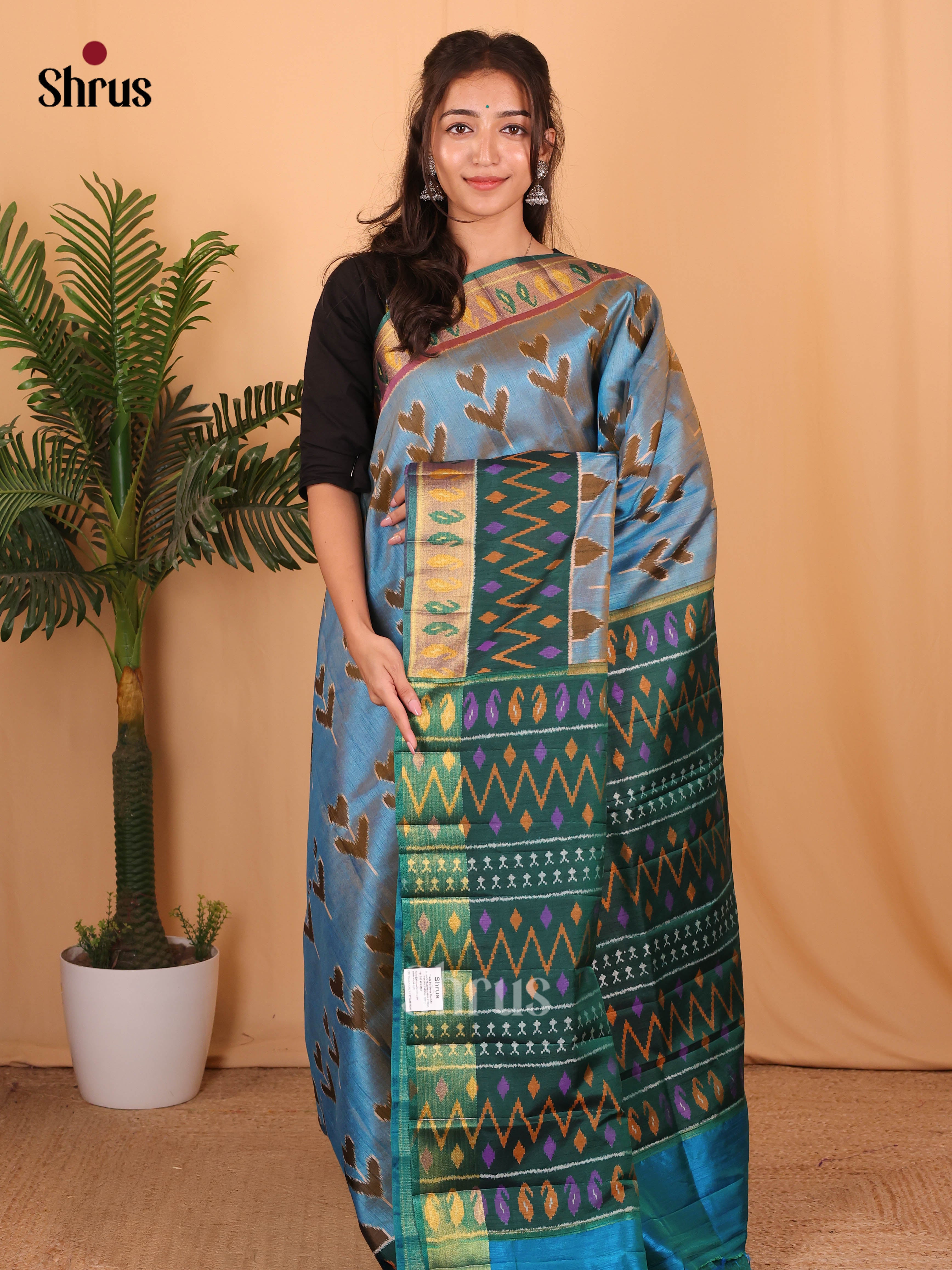 Blue & Green - Semi Patola Saree - Shop on Shrus.com