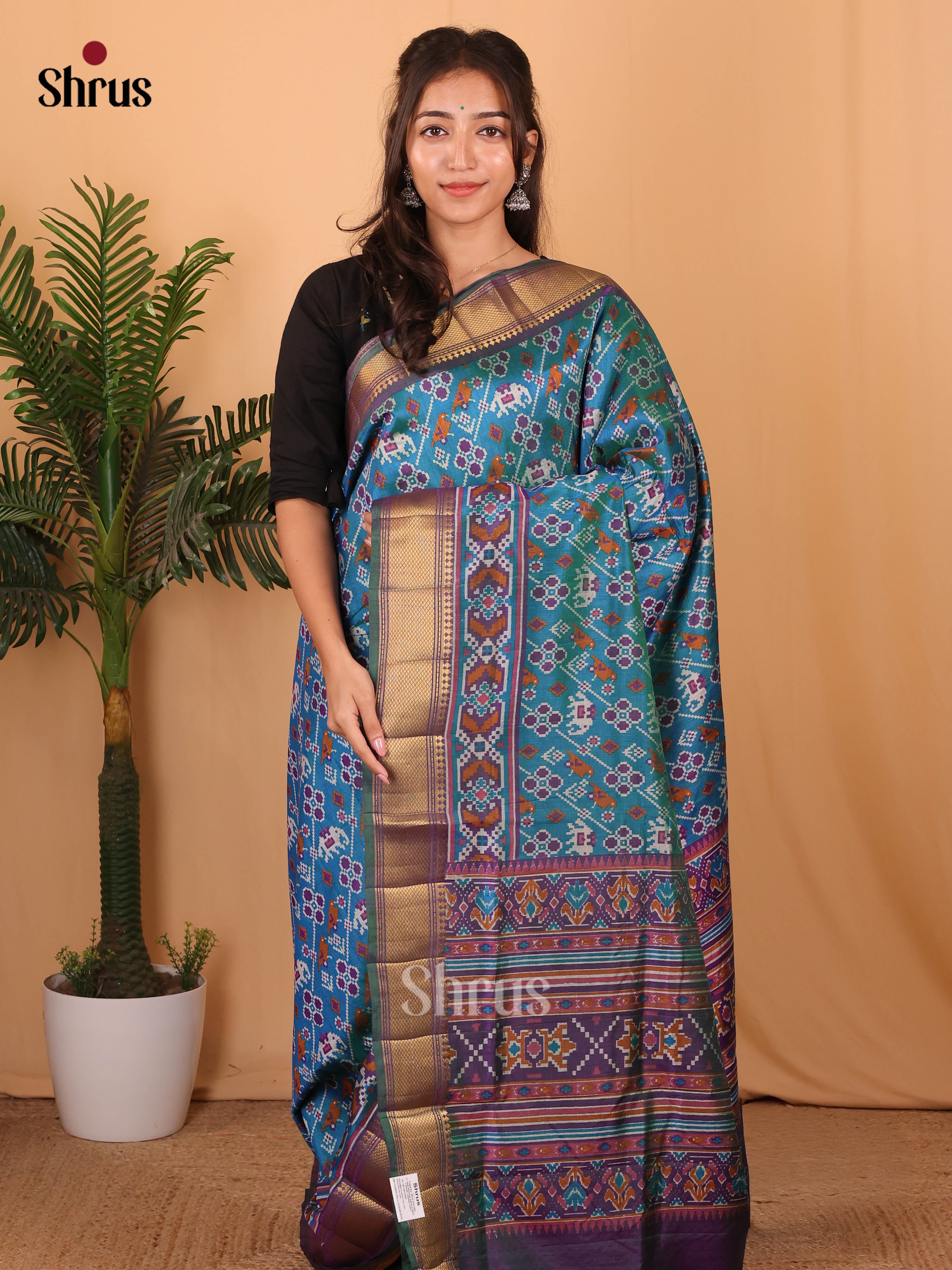 Teal Blue & Purple - Semi Patola Saree - Shop on Shrus.com