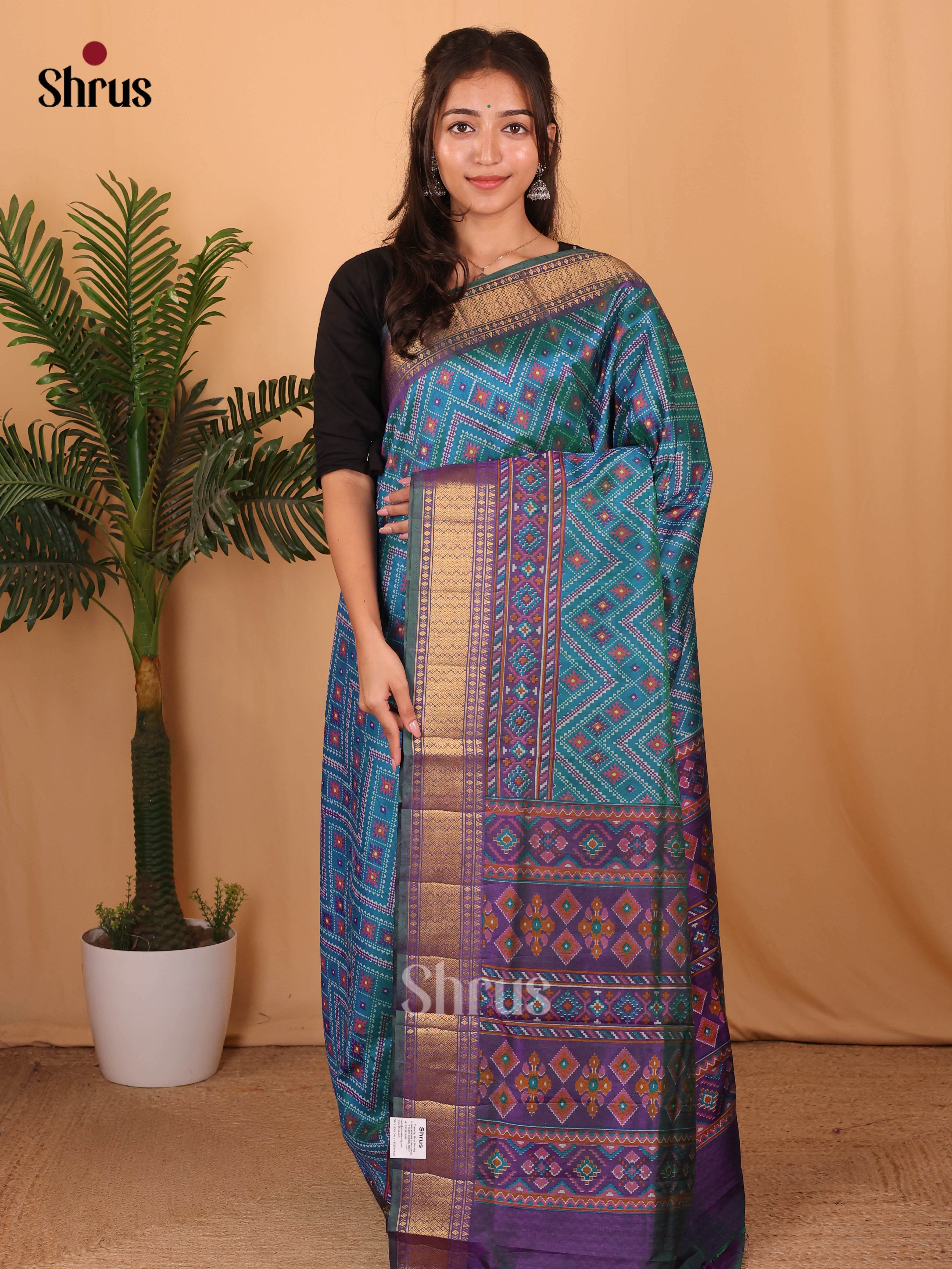 Teal Blue & Purple - Semi Patola Saree - Shop on Shrus.com