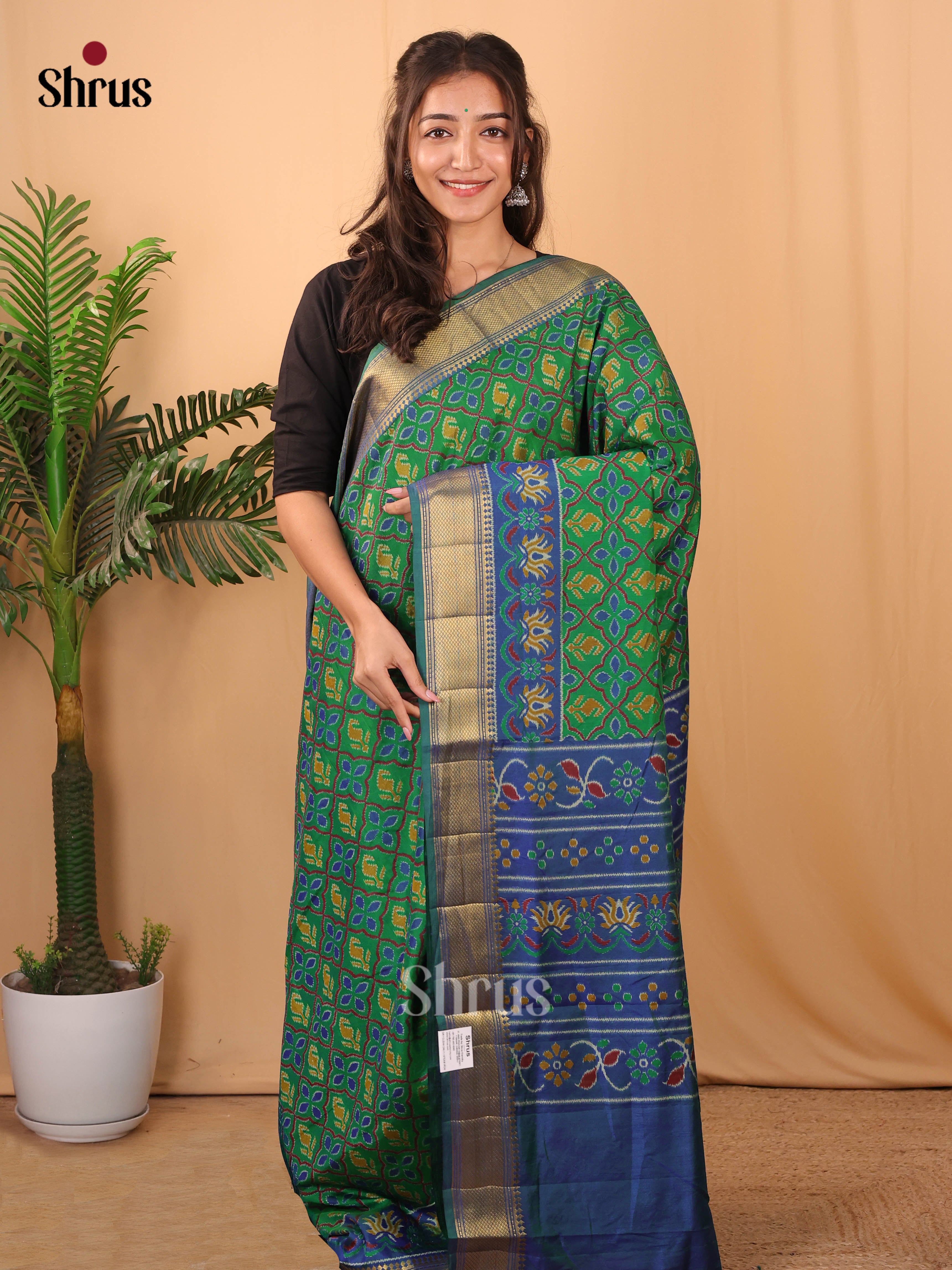 Green & Blue- Semi Patola Saree - Shop on Shrus.com