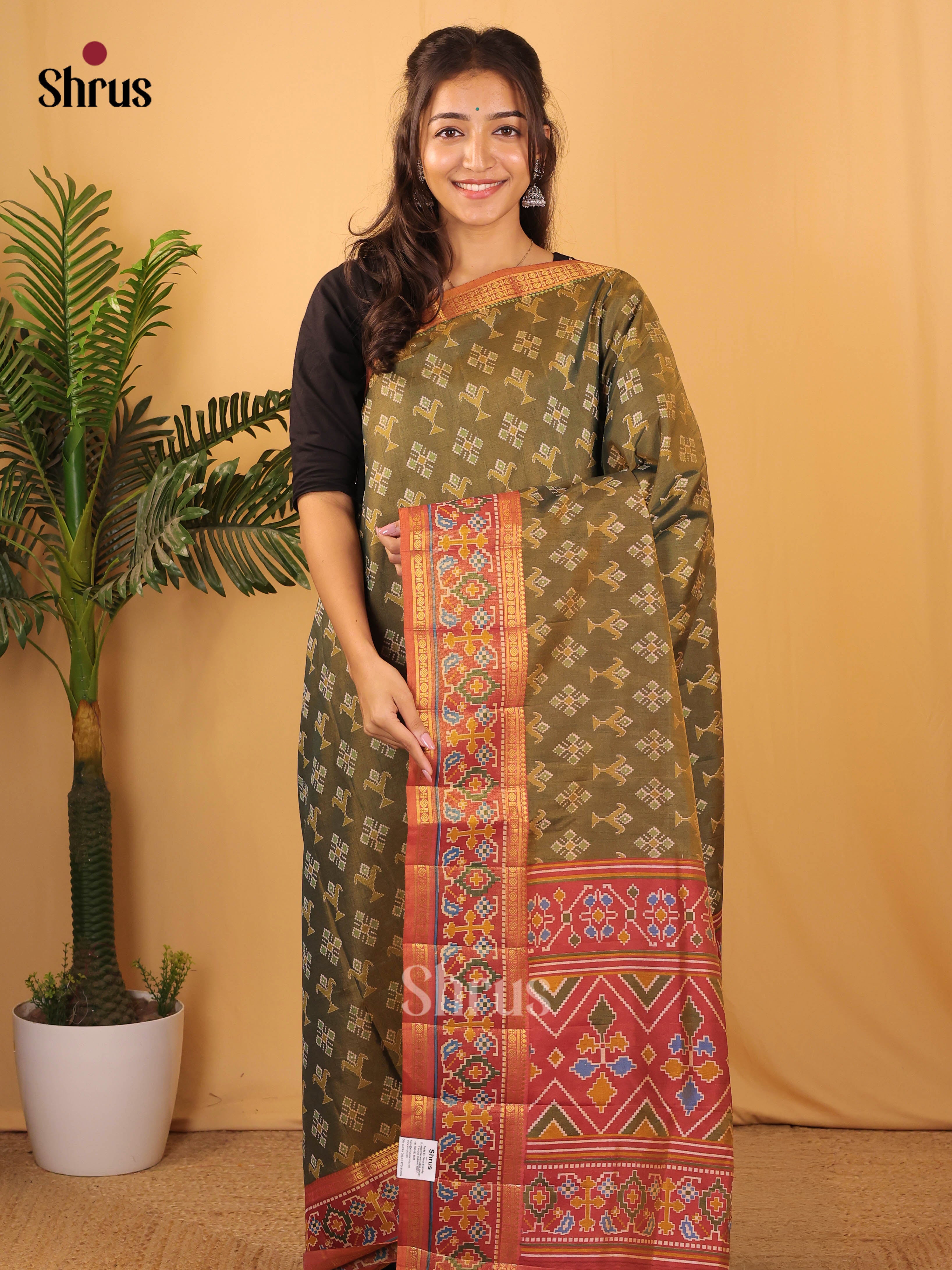 Pale Brown & Brick - Semi Patola Saree - Shop on Shrus.com