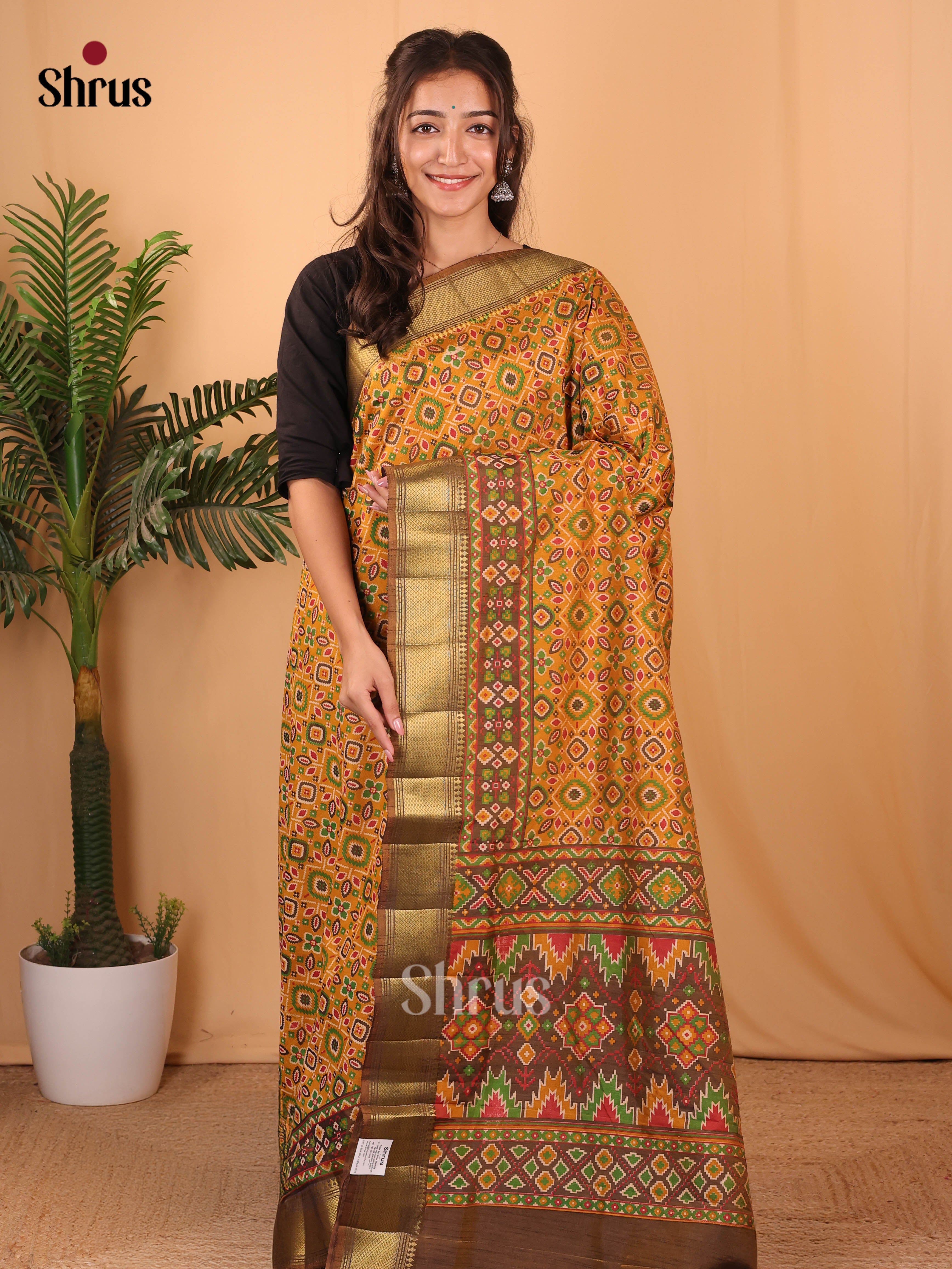Mustard & Army Green- Semi Patola Saree - Shop on Shrus.com
