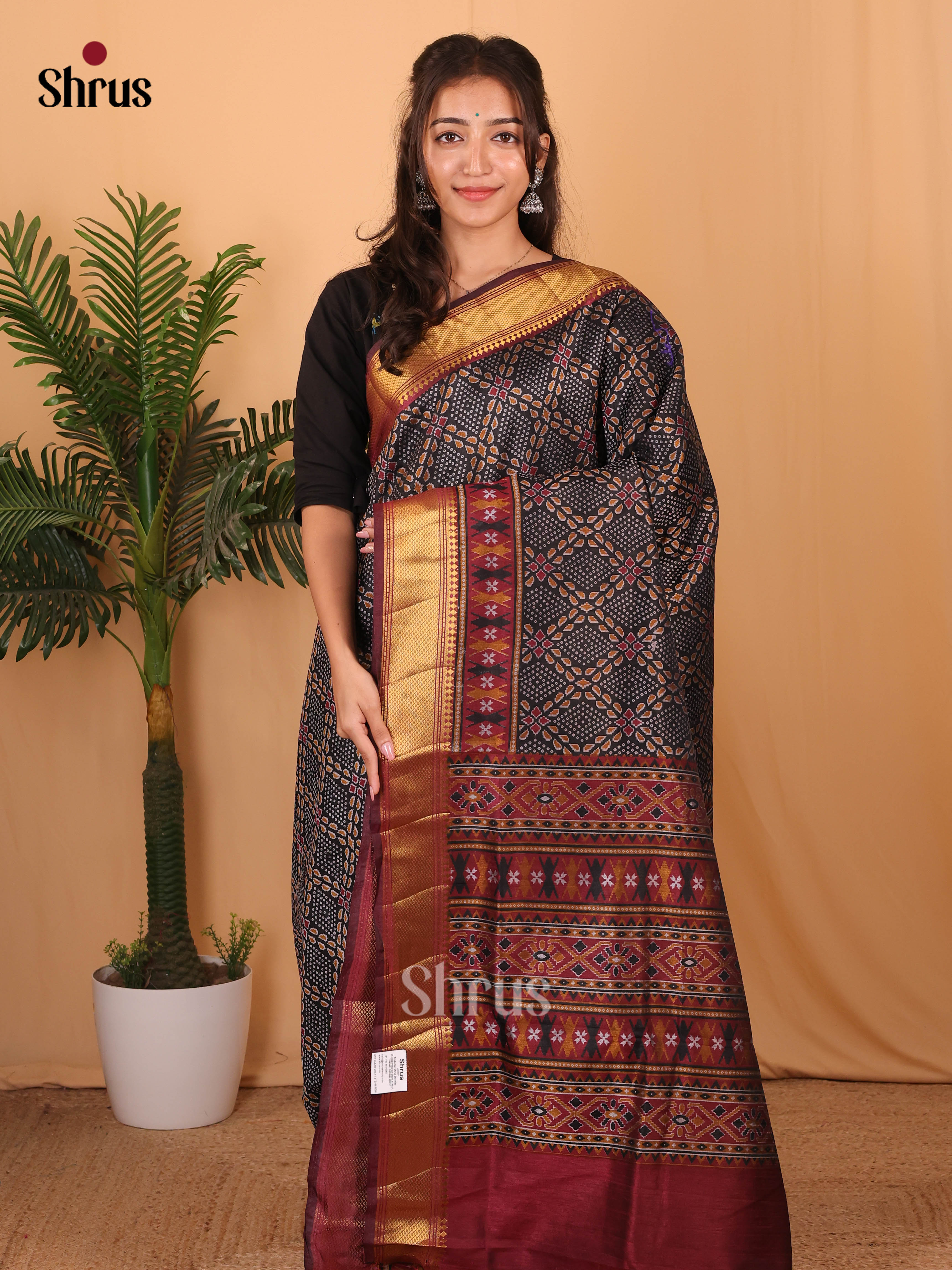 Black & Maroon - Semi Patola Saree - Shop on Shrus.com