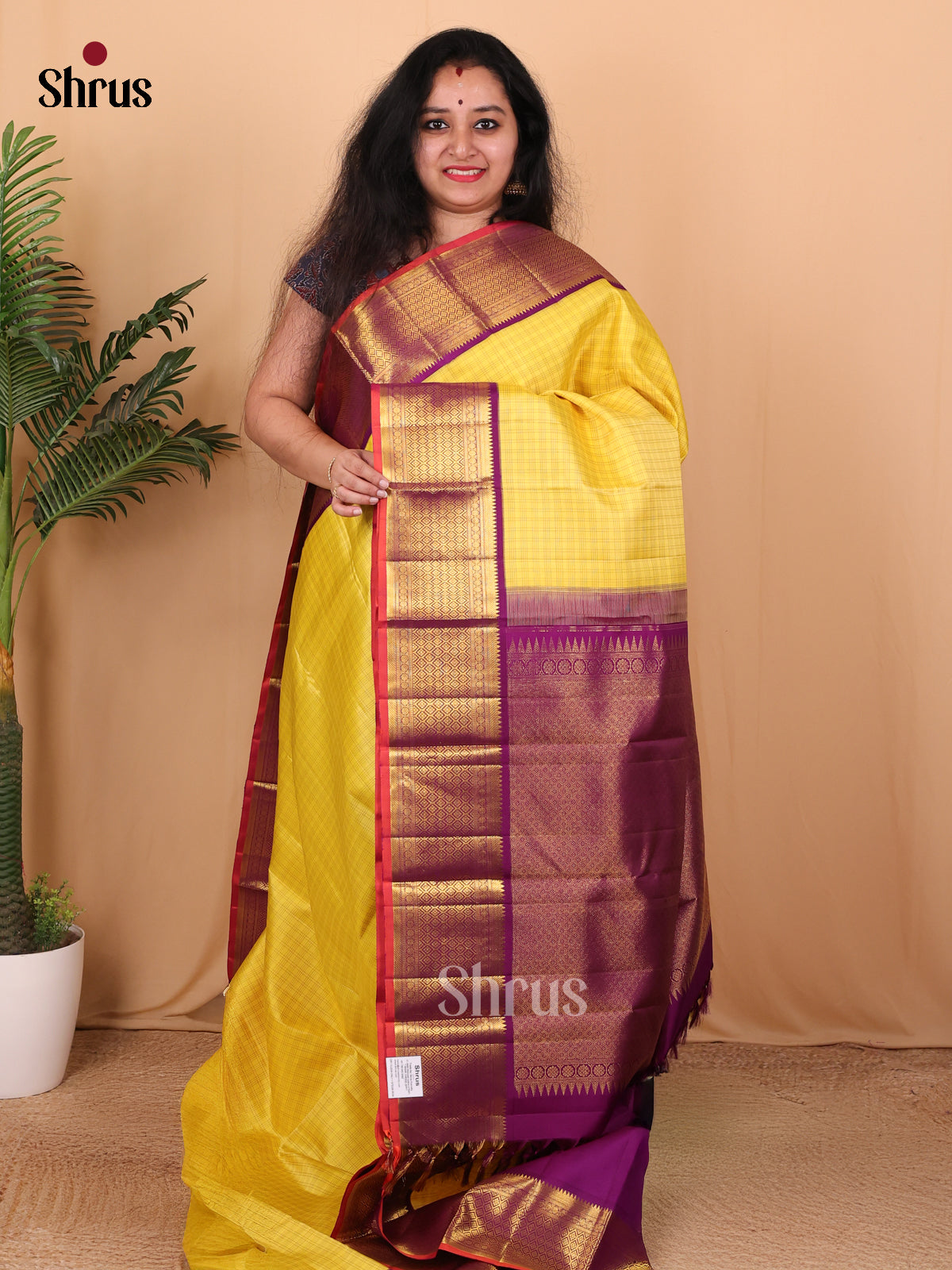 Dreamy Yellow and Purple Pure Kanchipuram silk Saree Featuring Intricately Woven Checks-1