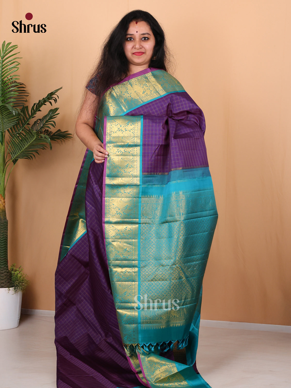 Violet and Teal Bridal Kanchipuram silk Saree Featuring Zari Woven Checks Across The Body-1