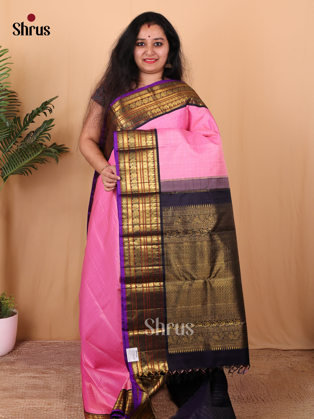 Blushed Rose Pink and Blue Bridal Kanchipuram silk Saree With Intricate Thread Woven Checks-1