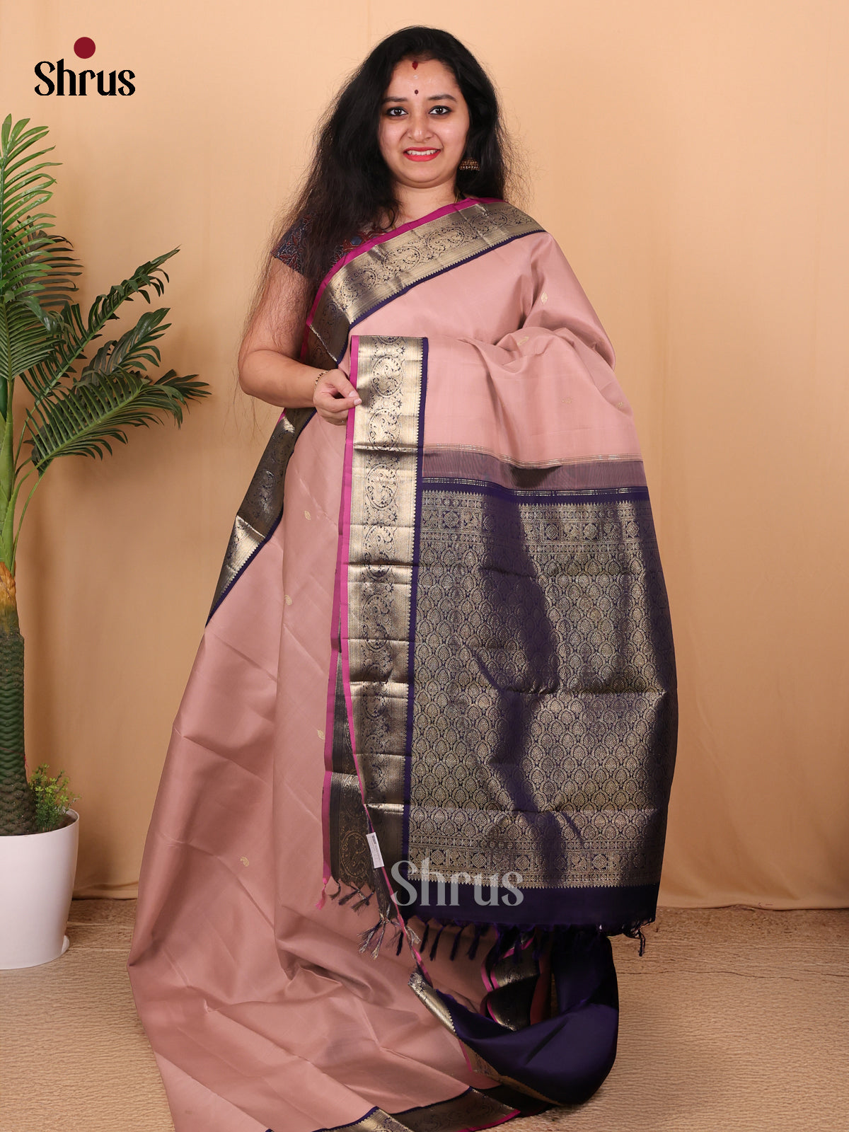 Apricot & Violet - Kanchipuram silk Saree - Shop on Shrus.com