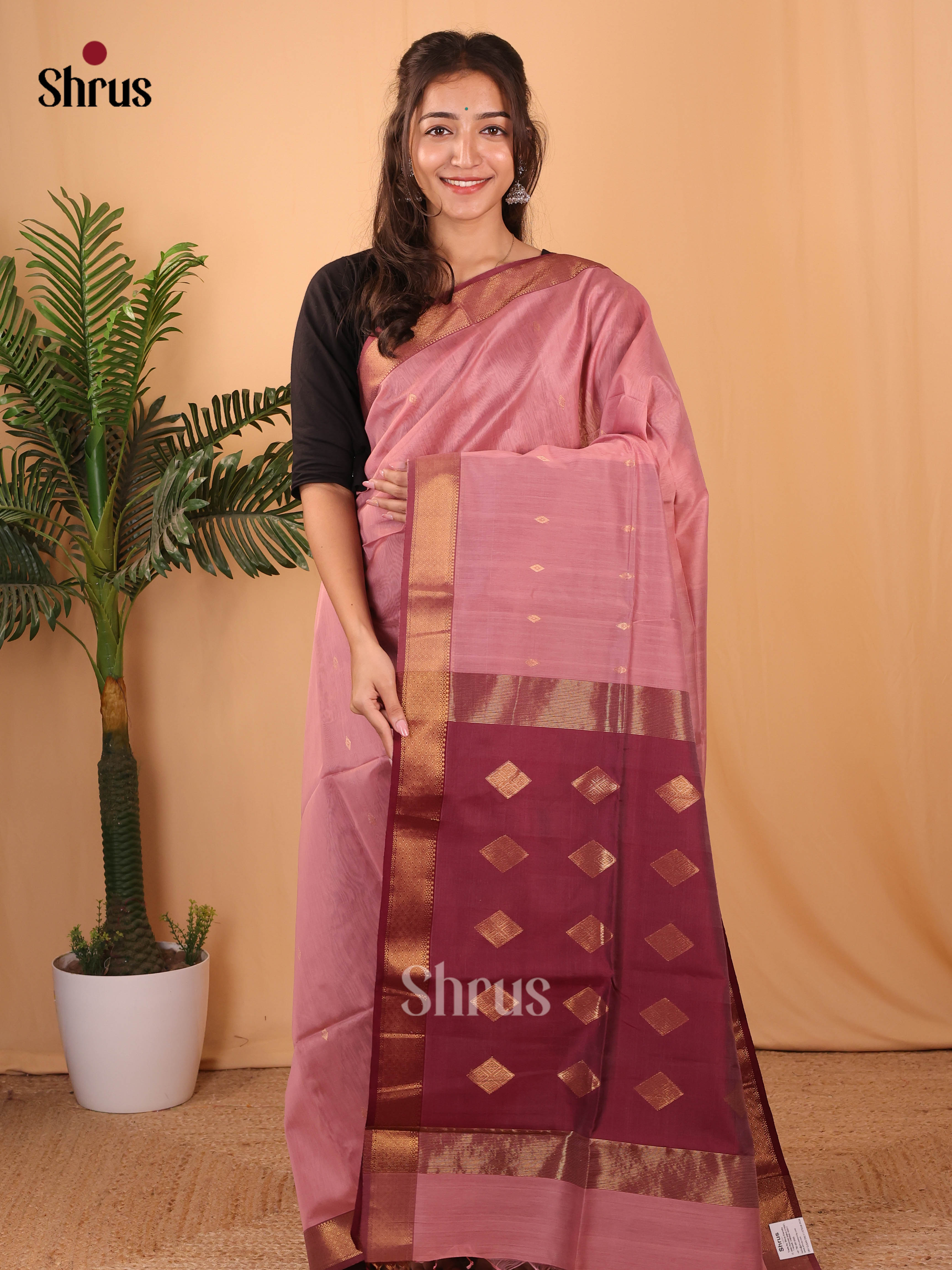 Dusty Pink & Maroon- Maheshwari silkcotton Saree - Shop on Shrus.com