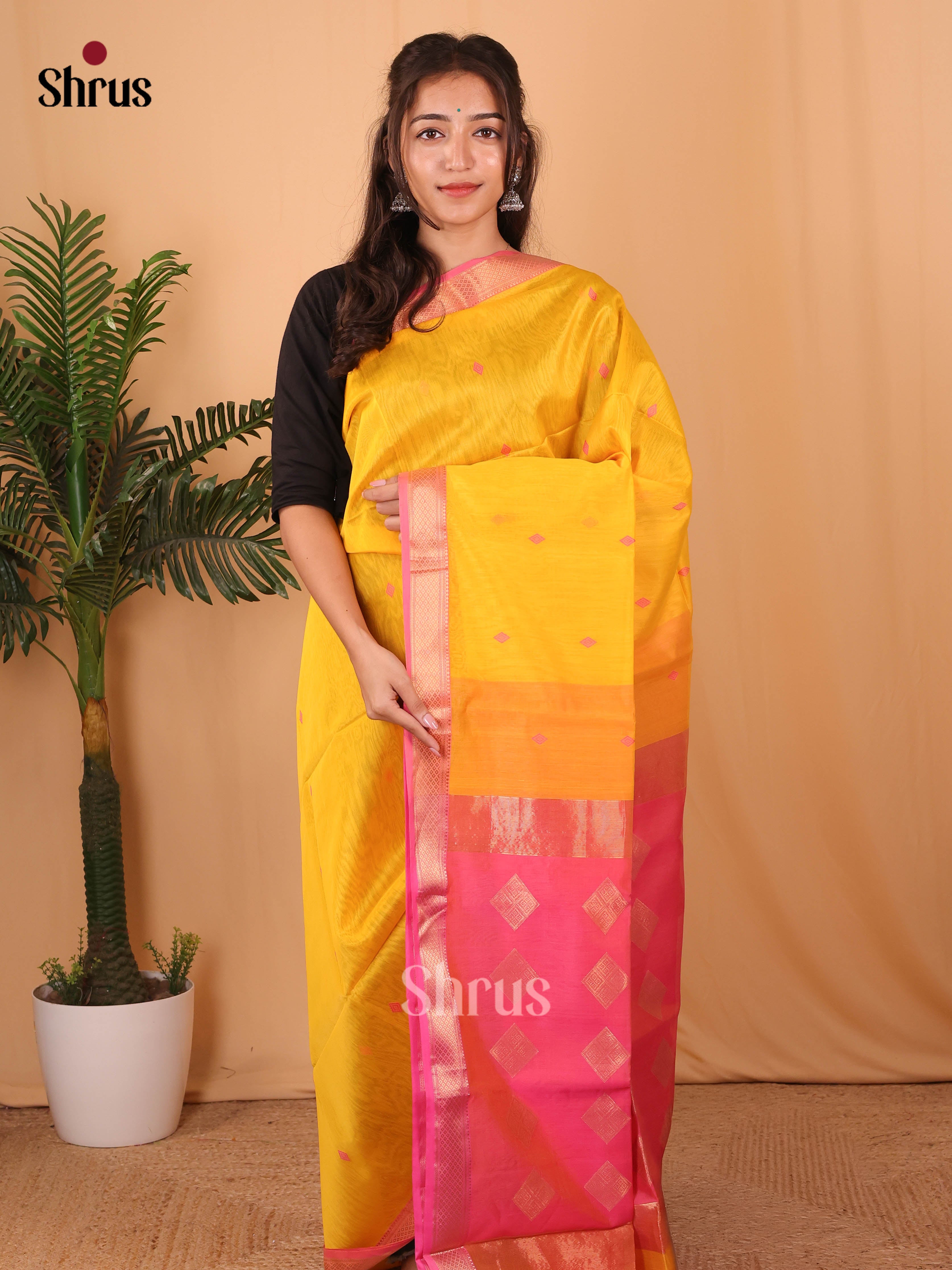 Yellow & Pink - Maheshwari silkcotton Saree - Shop on Shrus.com