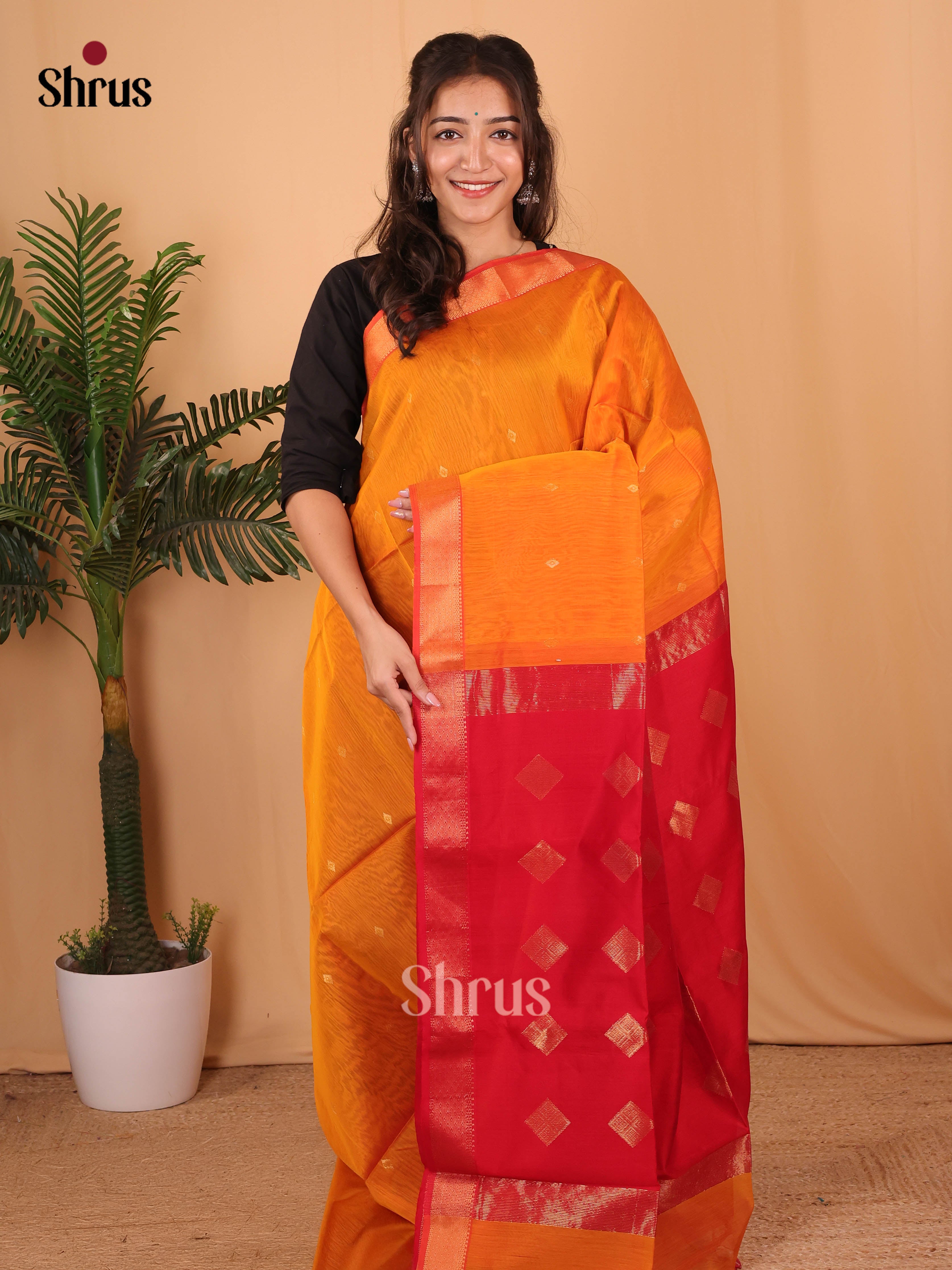 Mustard & Red - Maheshwari silkcotton Saree - Shop on Shrus.com