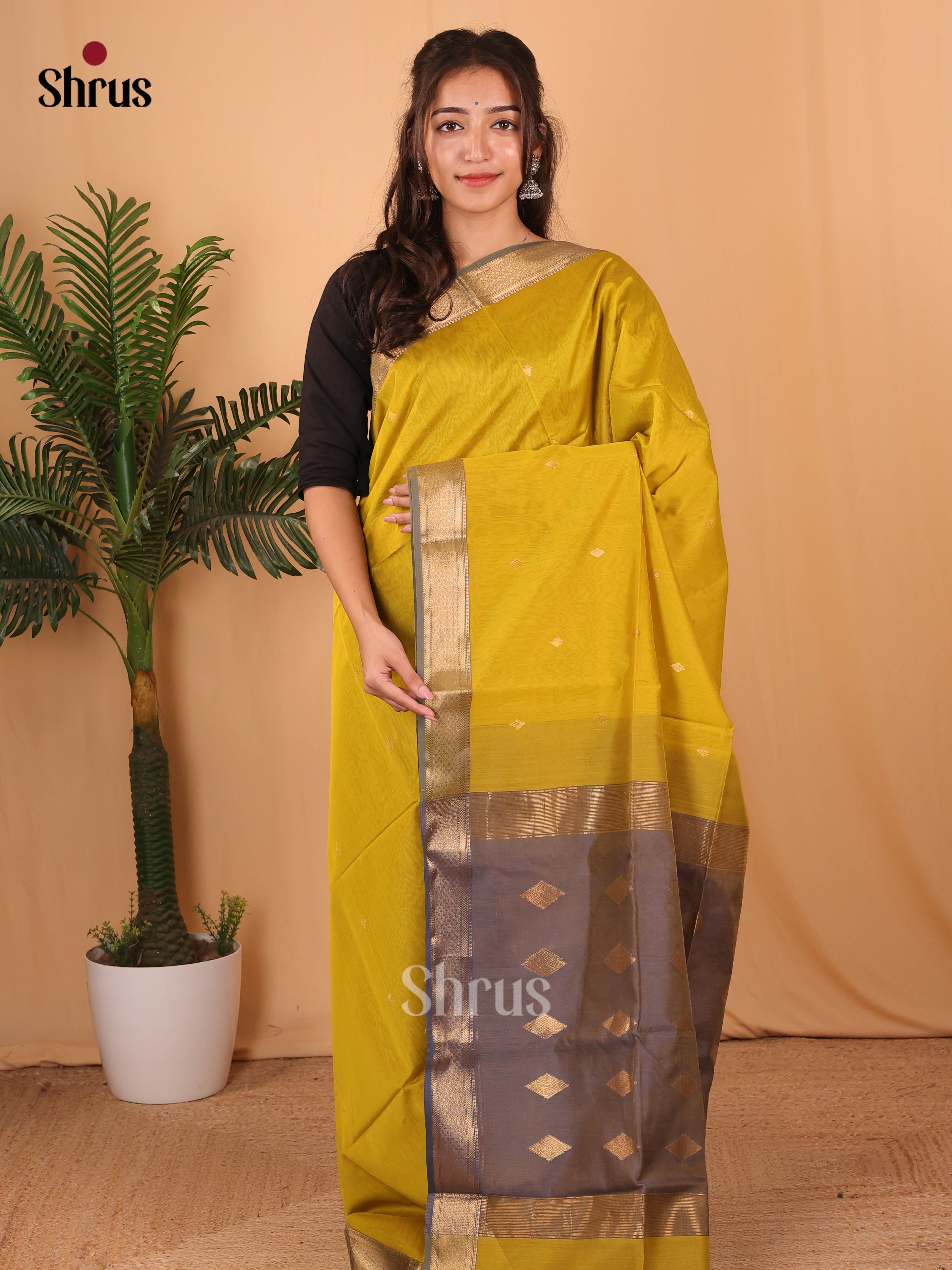 Mustardy Green & Grey - Maheshwari silkcotton Saree - Shop on Shrus.com