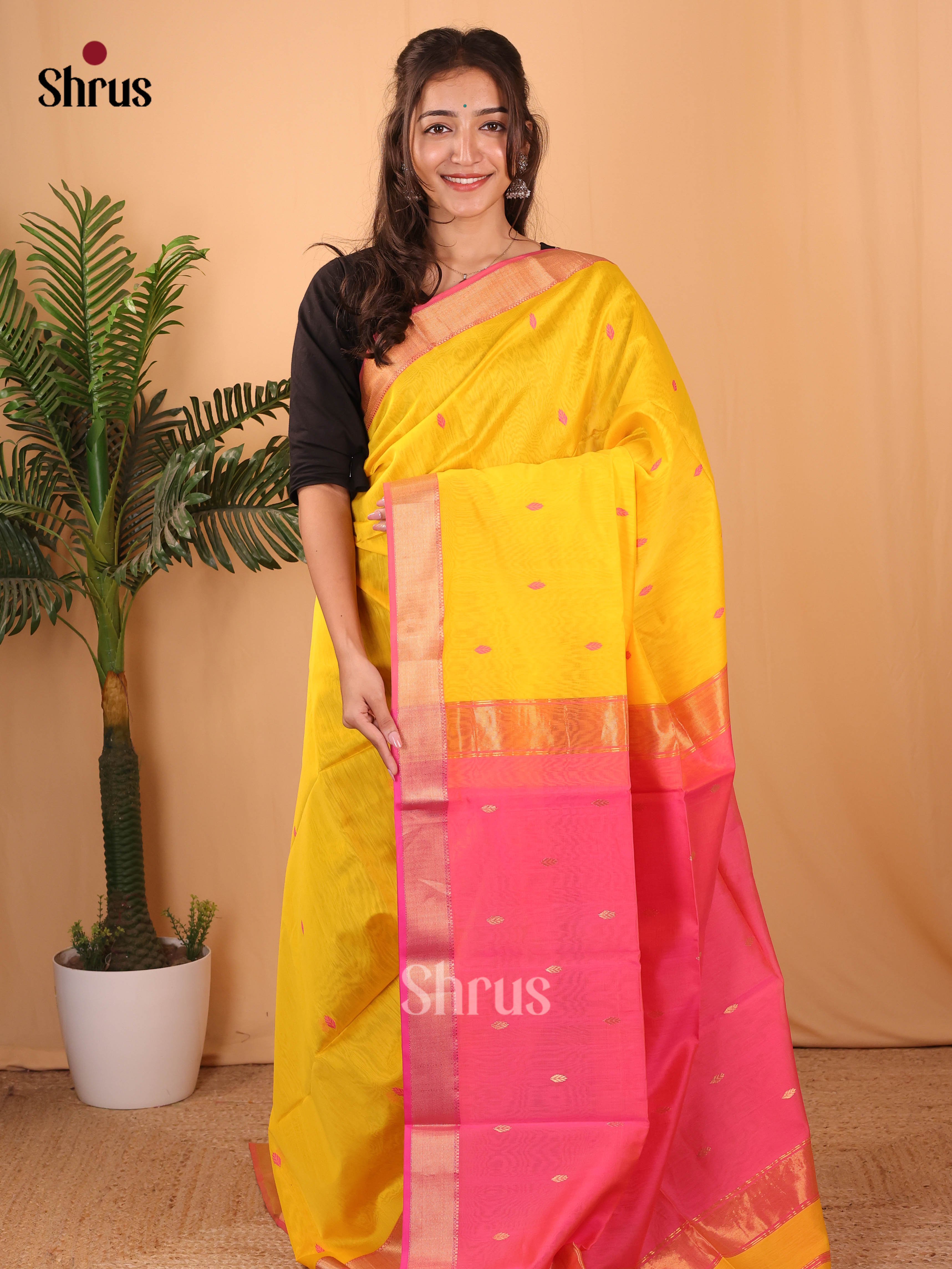 Yellow & Pink - Maheshwari silkcotton Saree - Shop on Shrus.com