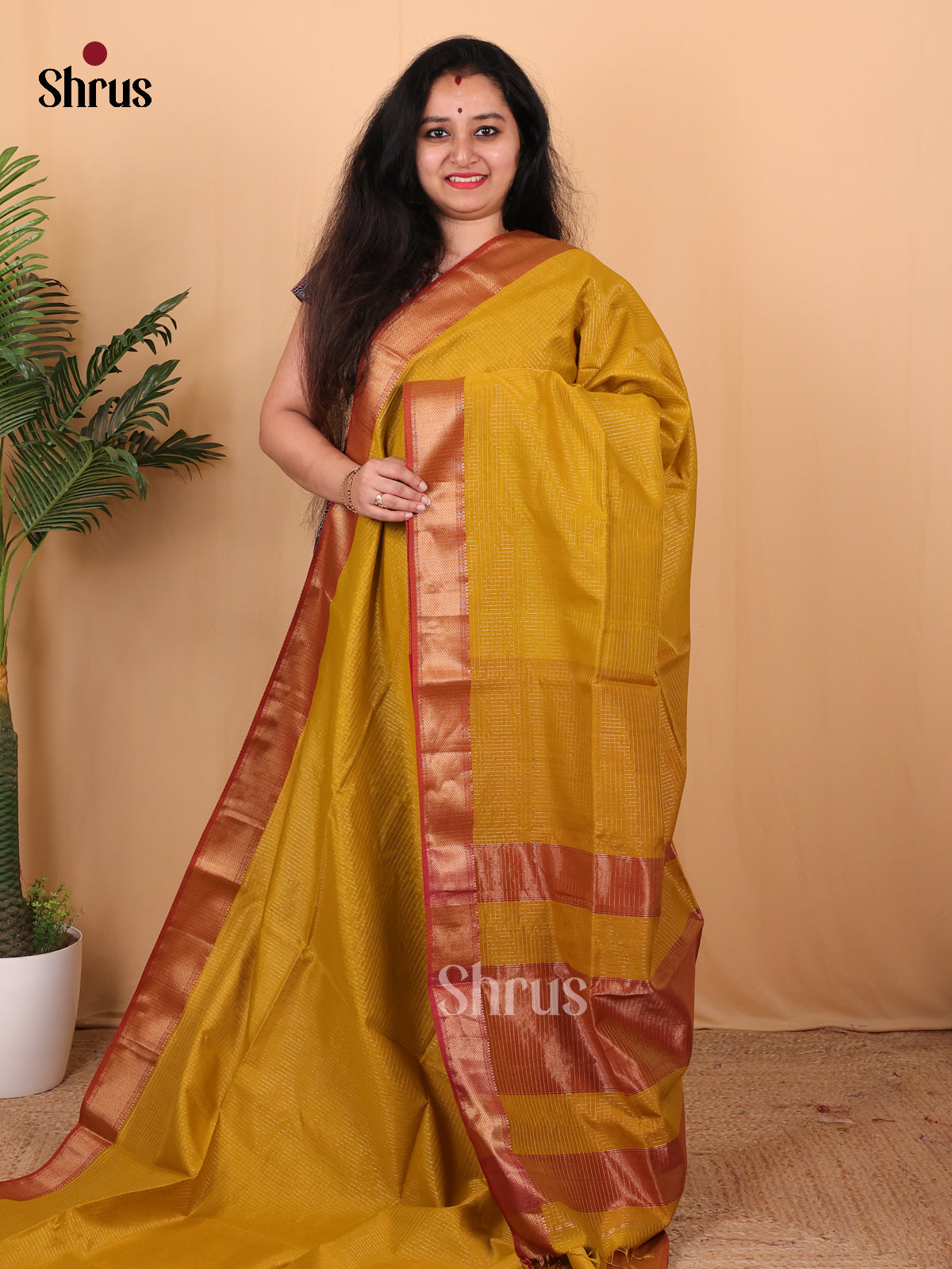 Mustardy Green & Brick - Maheshwari silkcotton Saree - Shop on Shrus.com