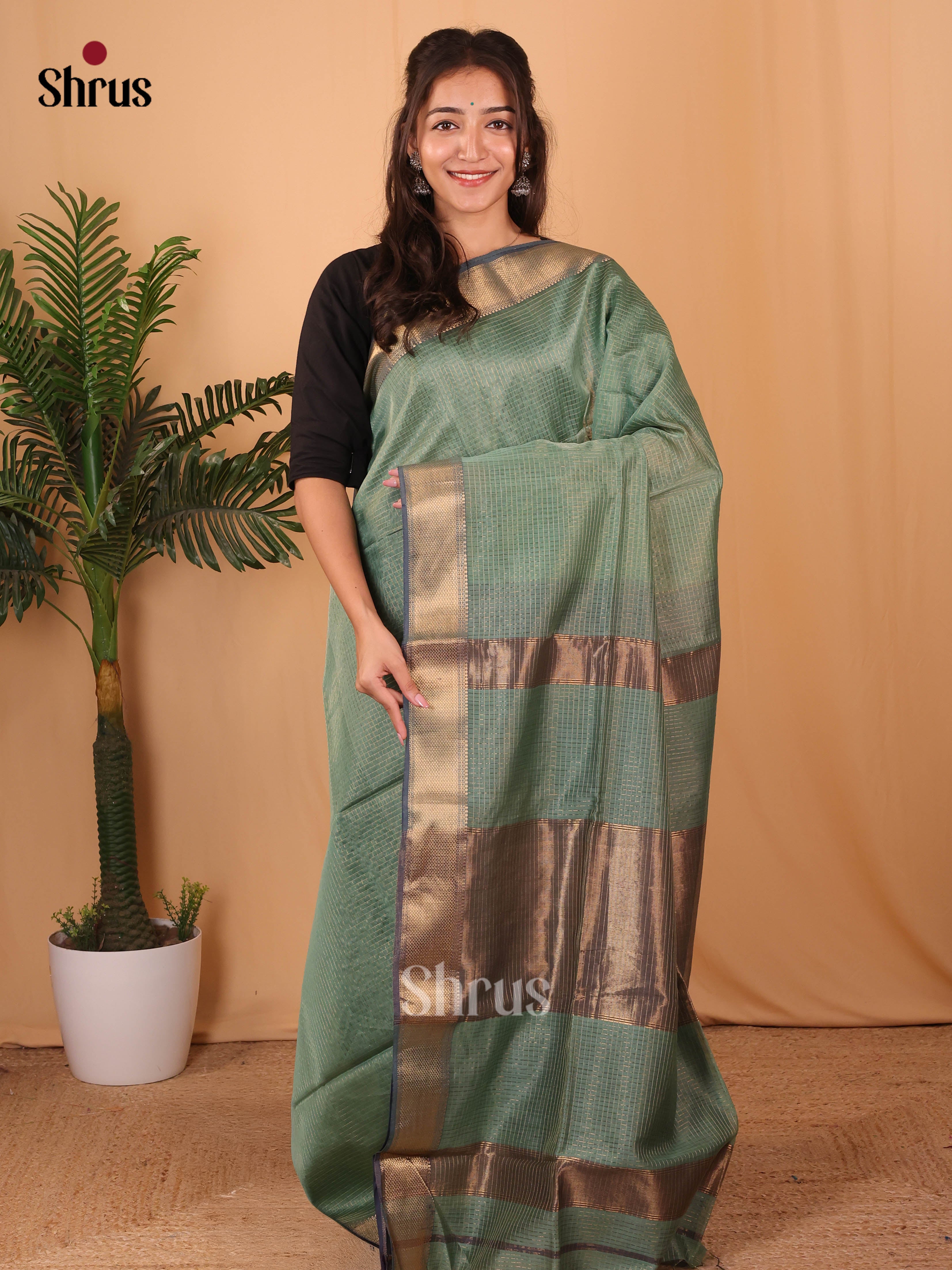 Green & Grey - Maheshwari silkcotton Saree - Shop on Shrus.com