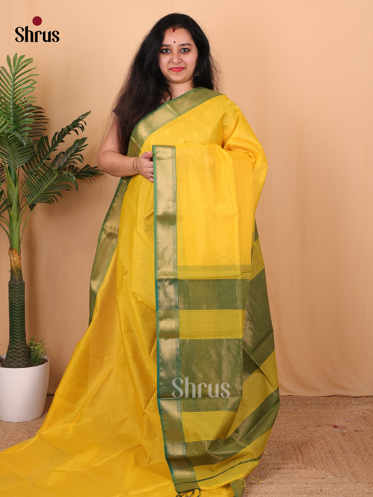Yellow & Green - Maheshwari silkcotton Saree - Shop on Shrus.com