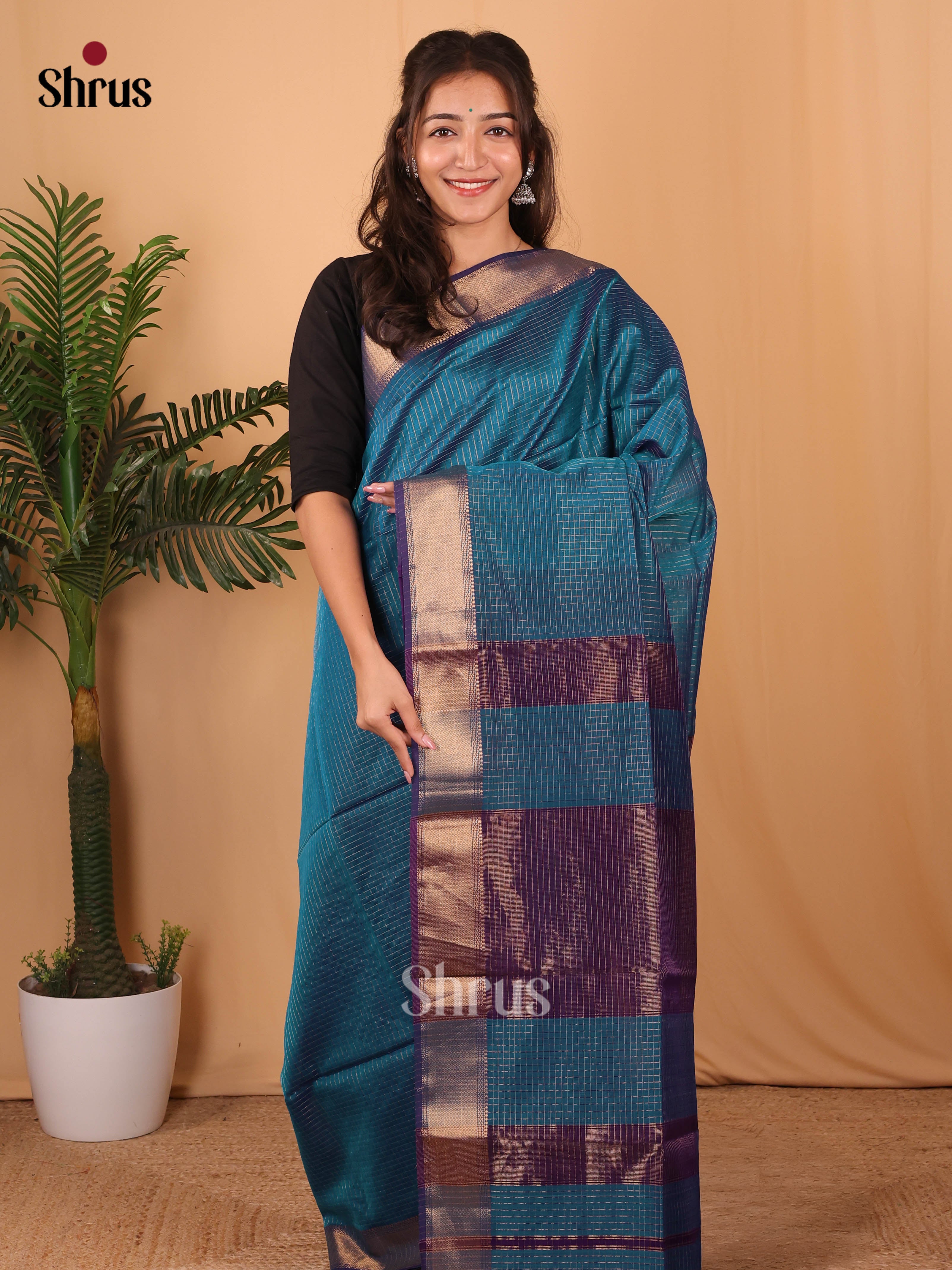 Blue & Violet - Maheshwari silkcotton Saree - Shop on Shrus.com