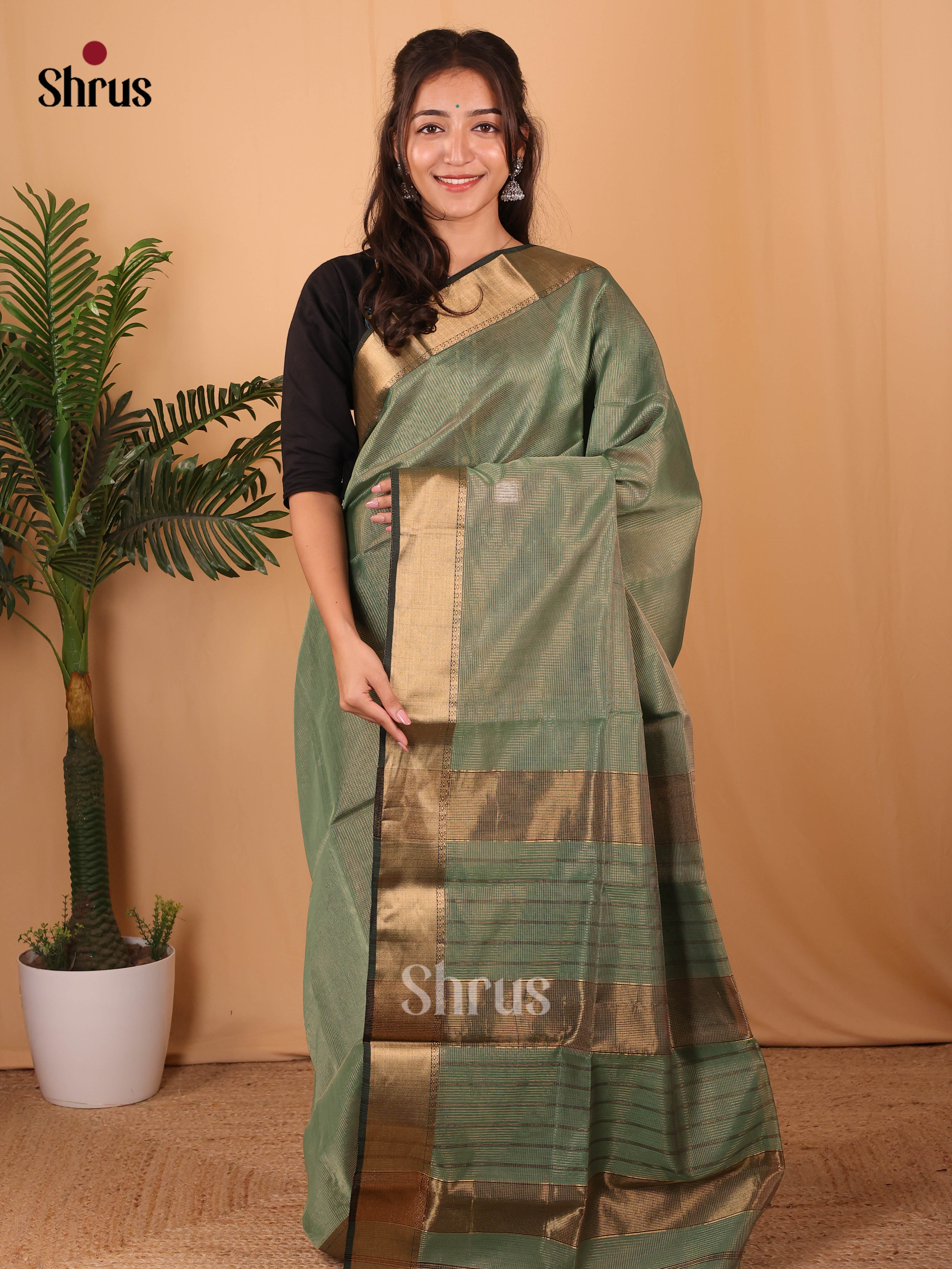 Pastel Green & Green - Maheshwari silkcotton Saree - Shop on Shrus.com