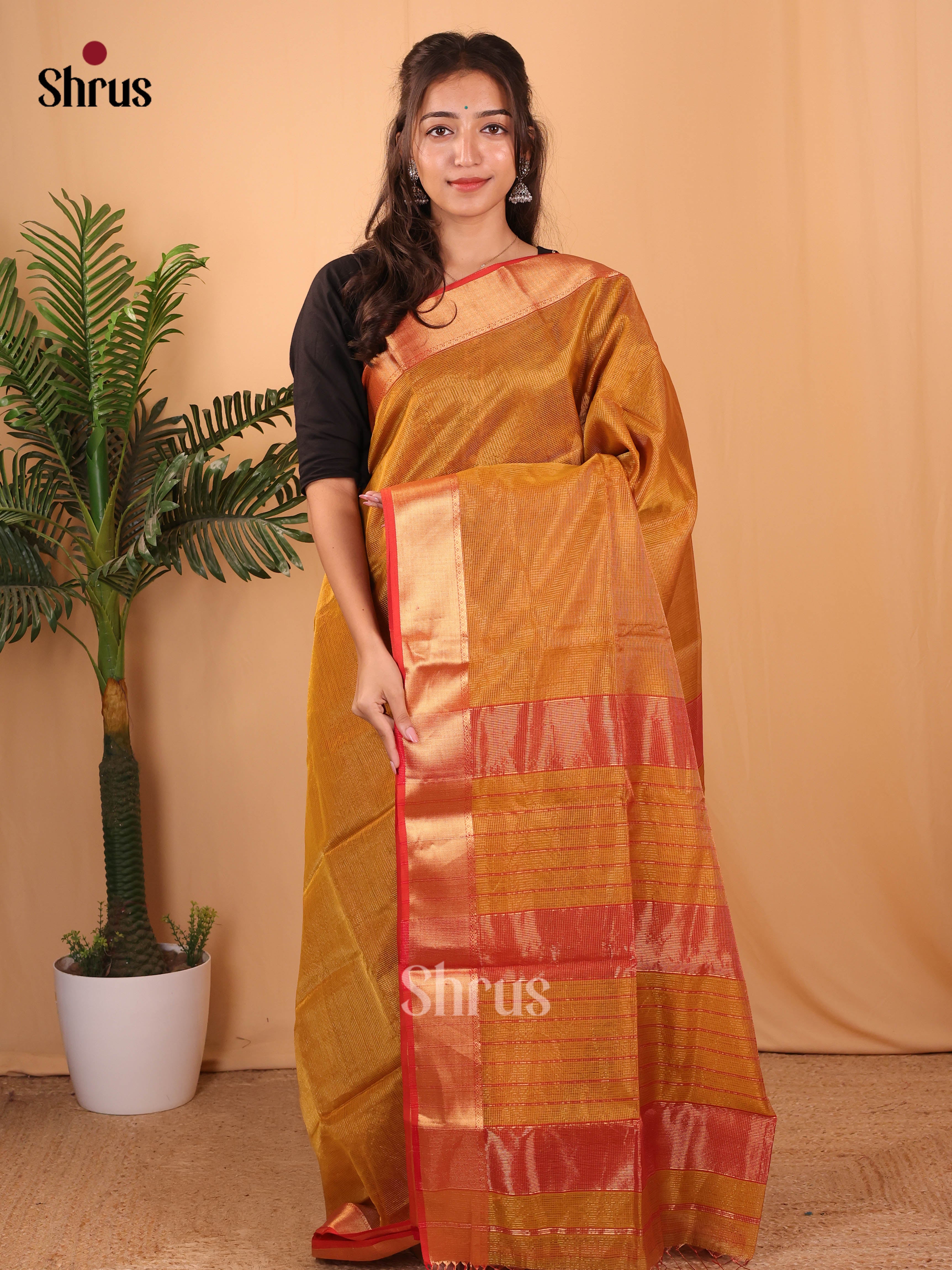 Dark Mustard & Red - Maheshwari silkcotton Saree - Shop on Shrus.com