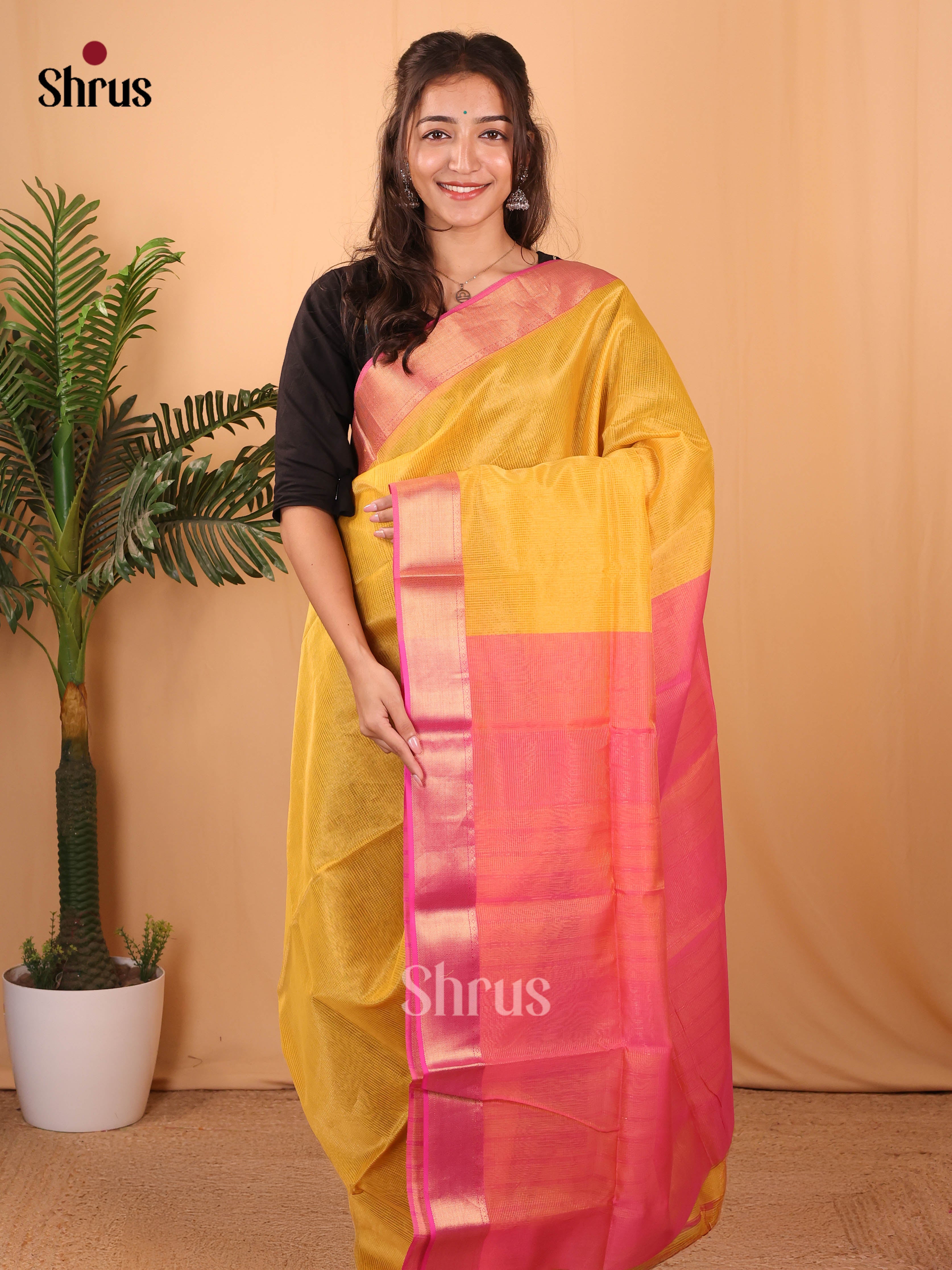 Yellow & Pink - Maheshwari silkcotton Saree - Shop on Shrus.com