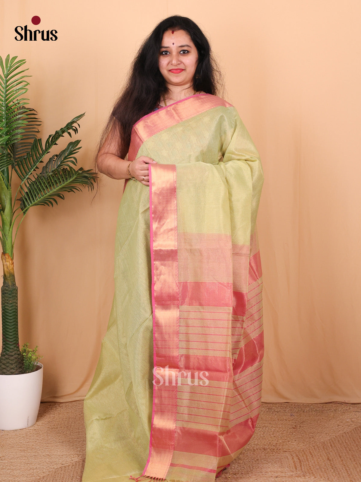 Pastel Green & Pink- Maheshwari silkcotton Saree - Shop on Shrus.com