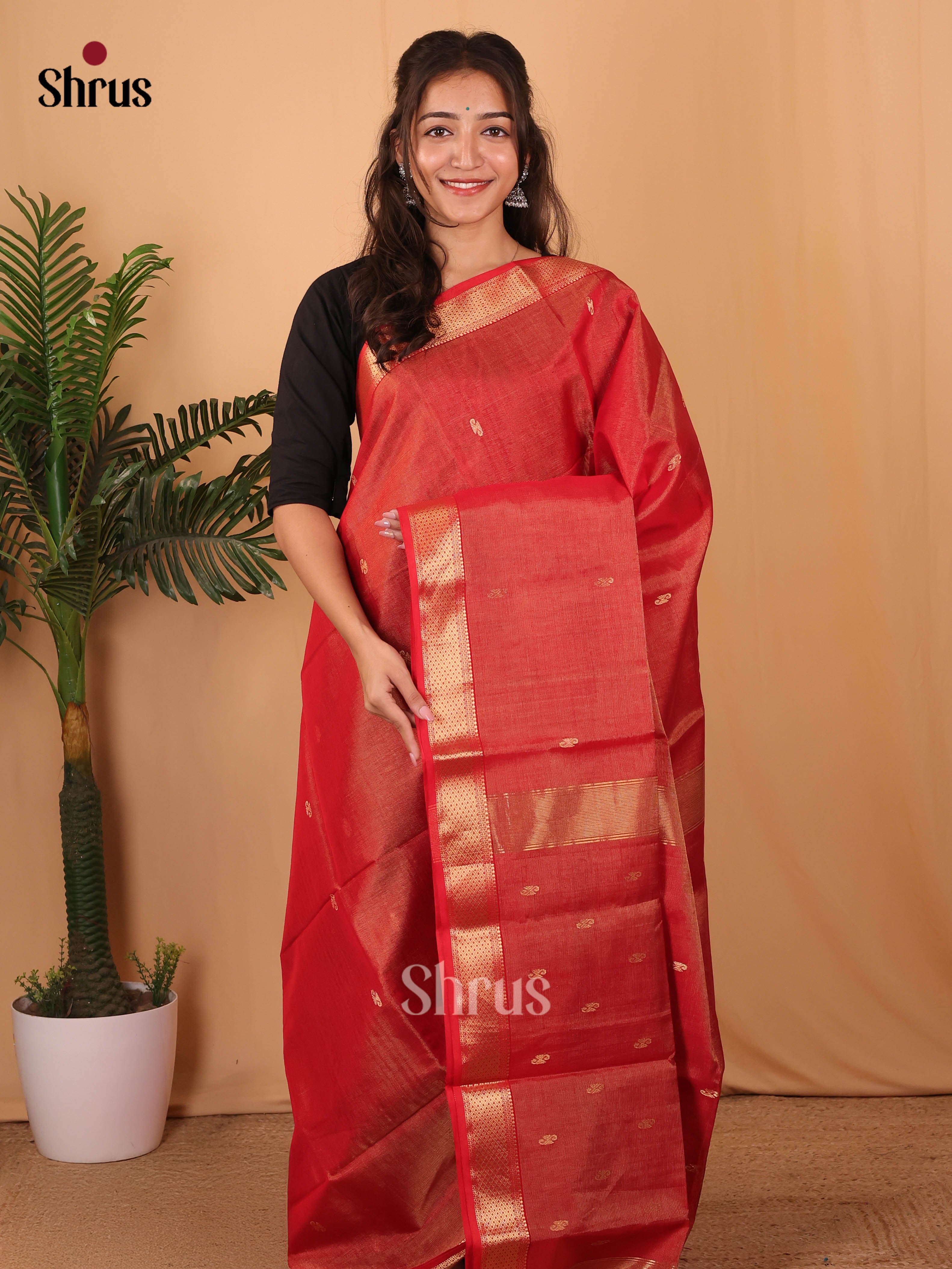 Red(Single Tone)- Maheshwari silkcotton Saree - Shop on Shrus.com