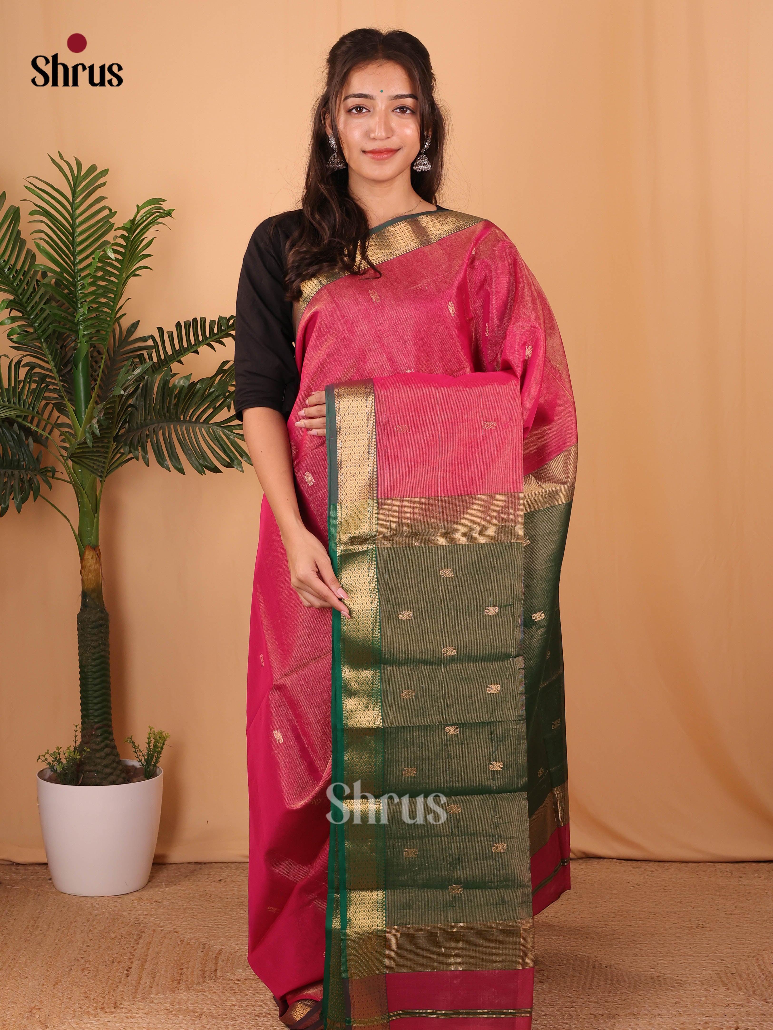 Pink & Green - Maheshwari silkcotton Saree - Shop on Shrus.com