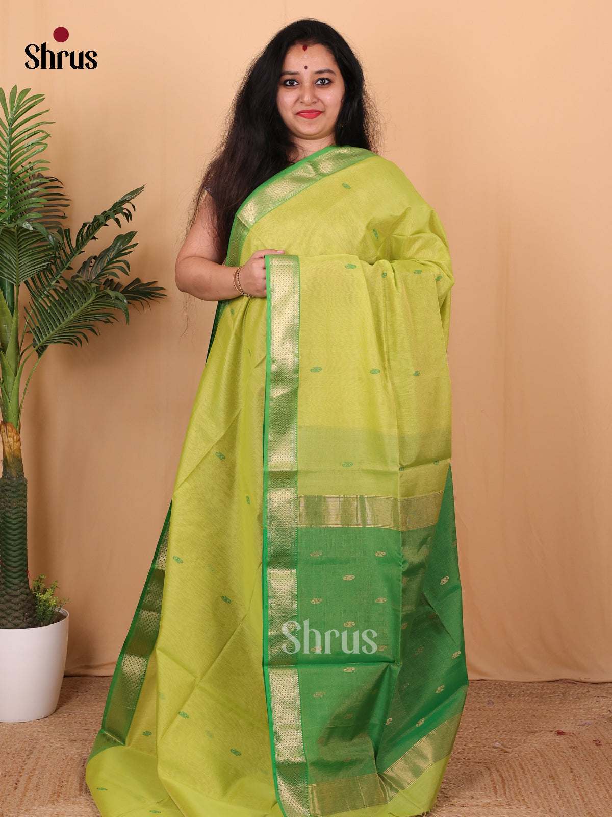 Lite Green & Green - Maheshwari silkcotton Saree - Shop on Shrus.com