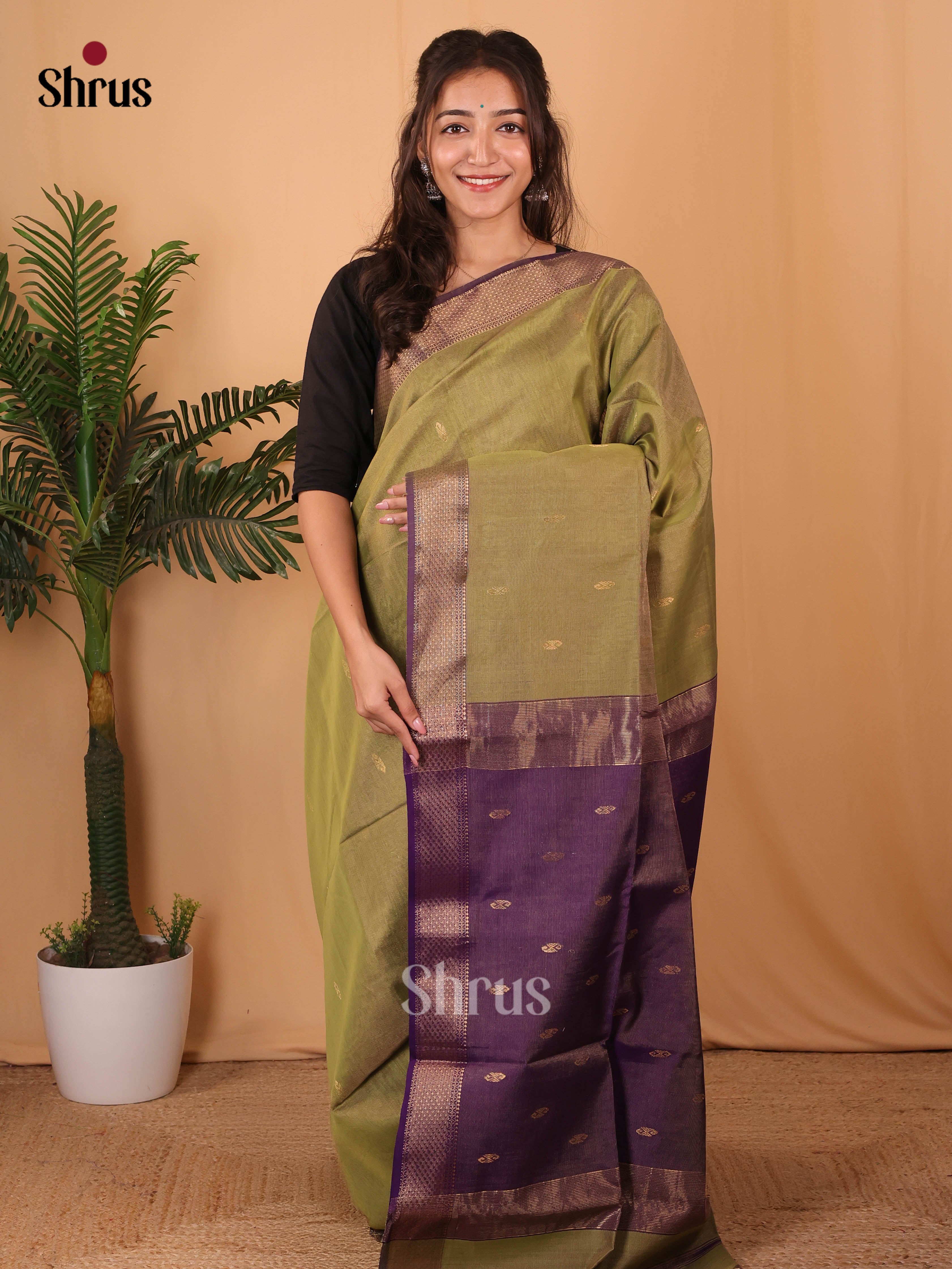 Green & Violet- Maheshwari silkcotton Saree - Shop on Shrus.com
