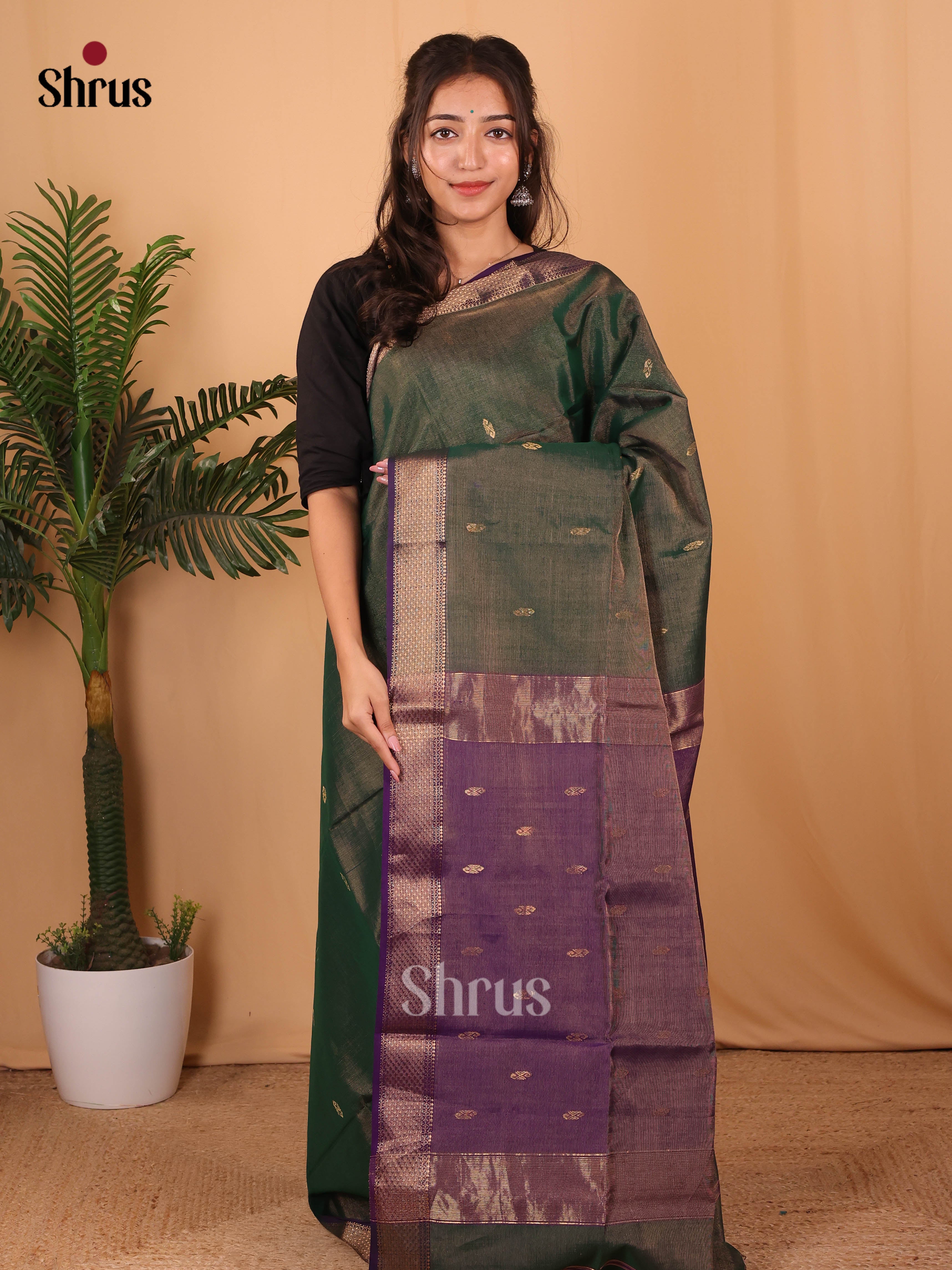 Green & Violet - Maheshwari silkcotton Saree - Shop on Shrus.com