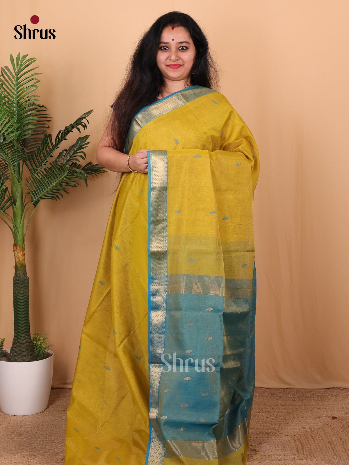 Mustard & Blue - Maheshwari silkcotton Saree - Shop on Shrus.com
