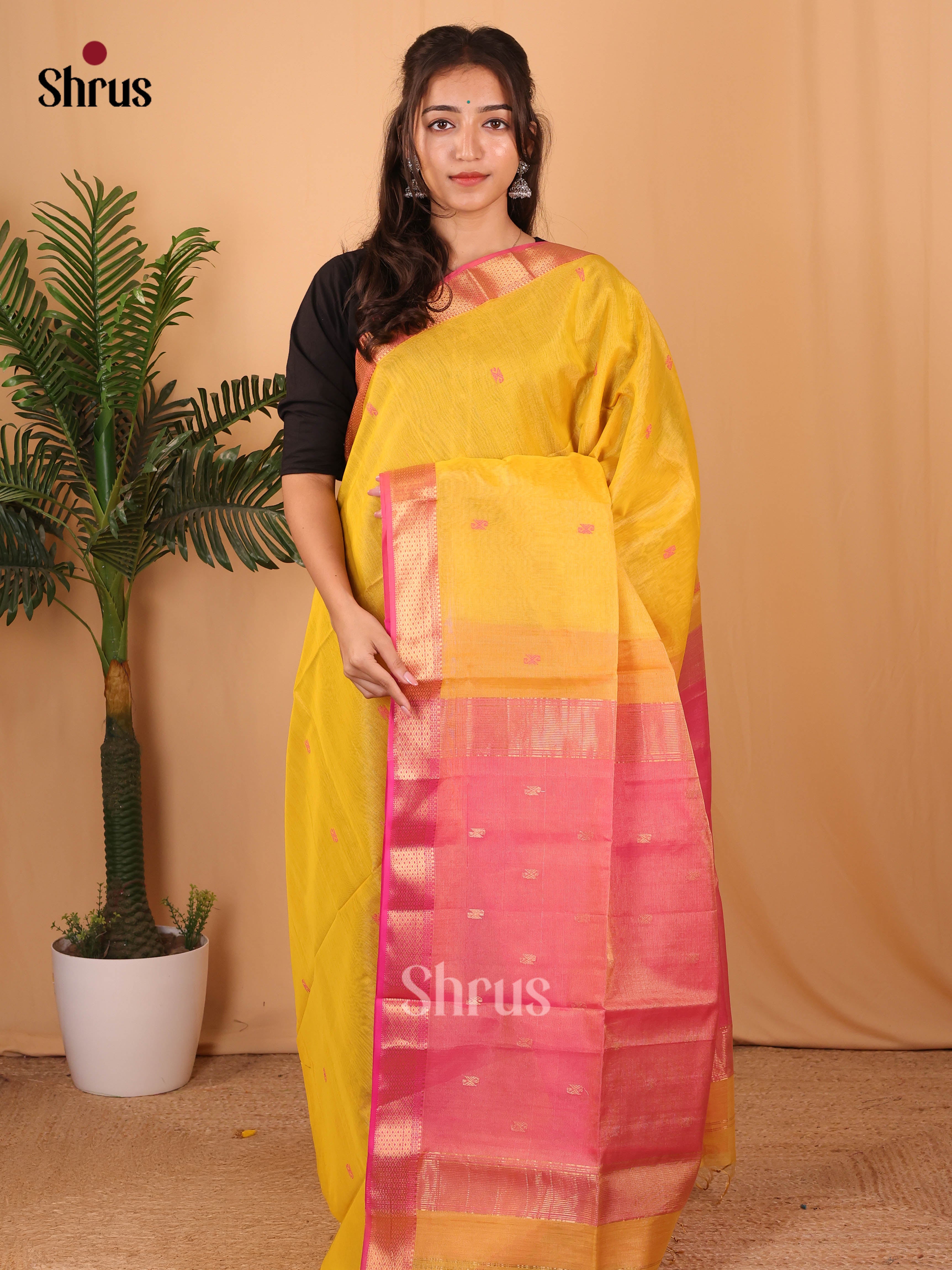 Yellow & Pink - Maheshwari silkcotton Saree - Shop on Shrus.com