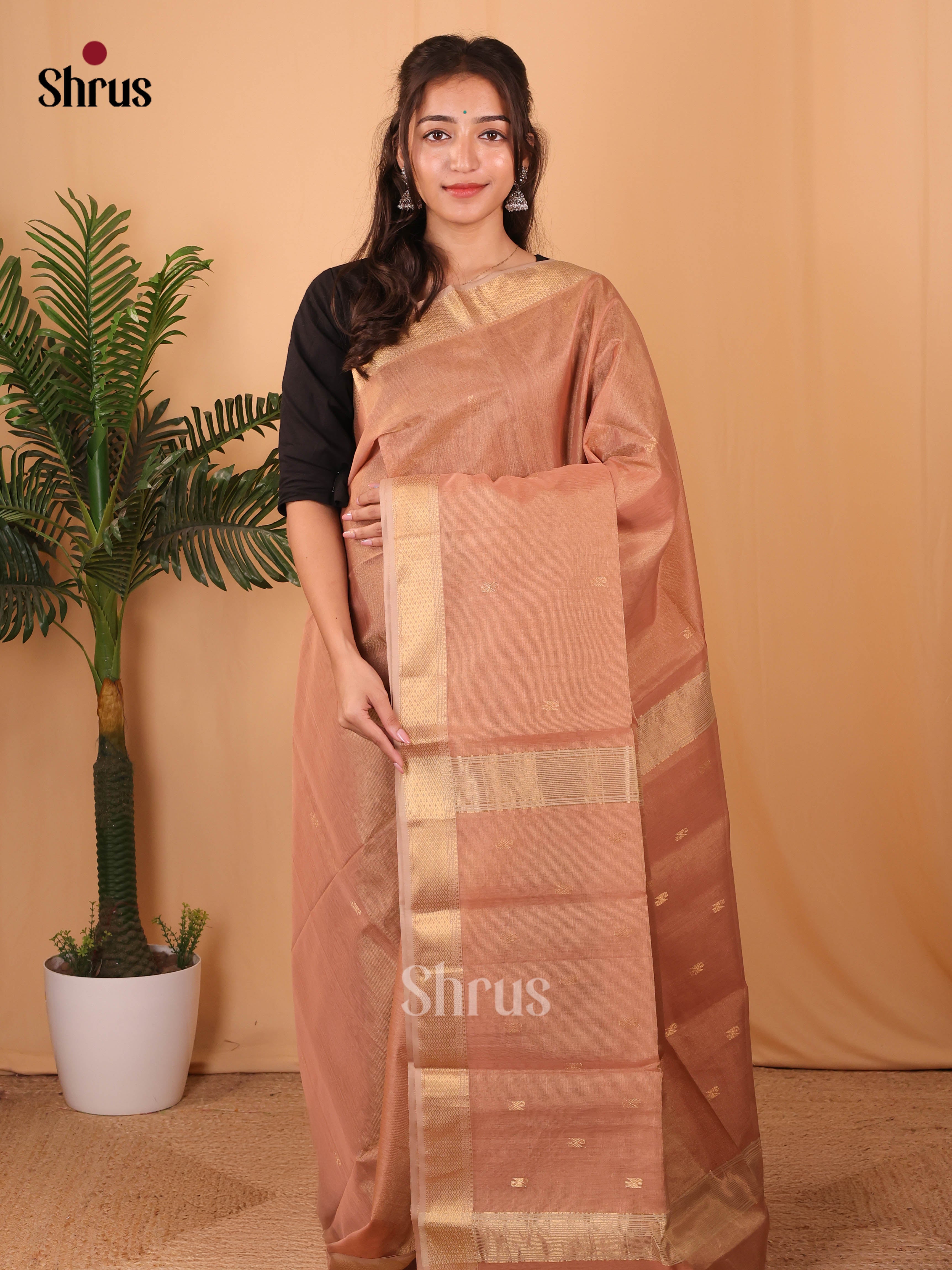 Lite Brown(Single Tone)- Maheshwari silkcotton Saree - Shop on Shrus.com
