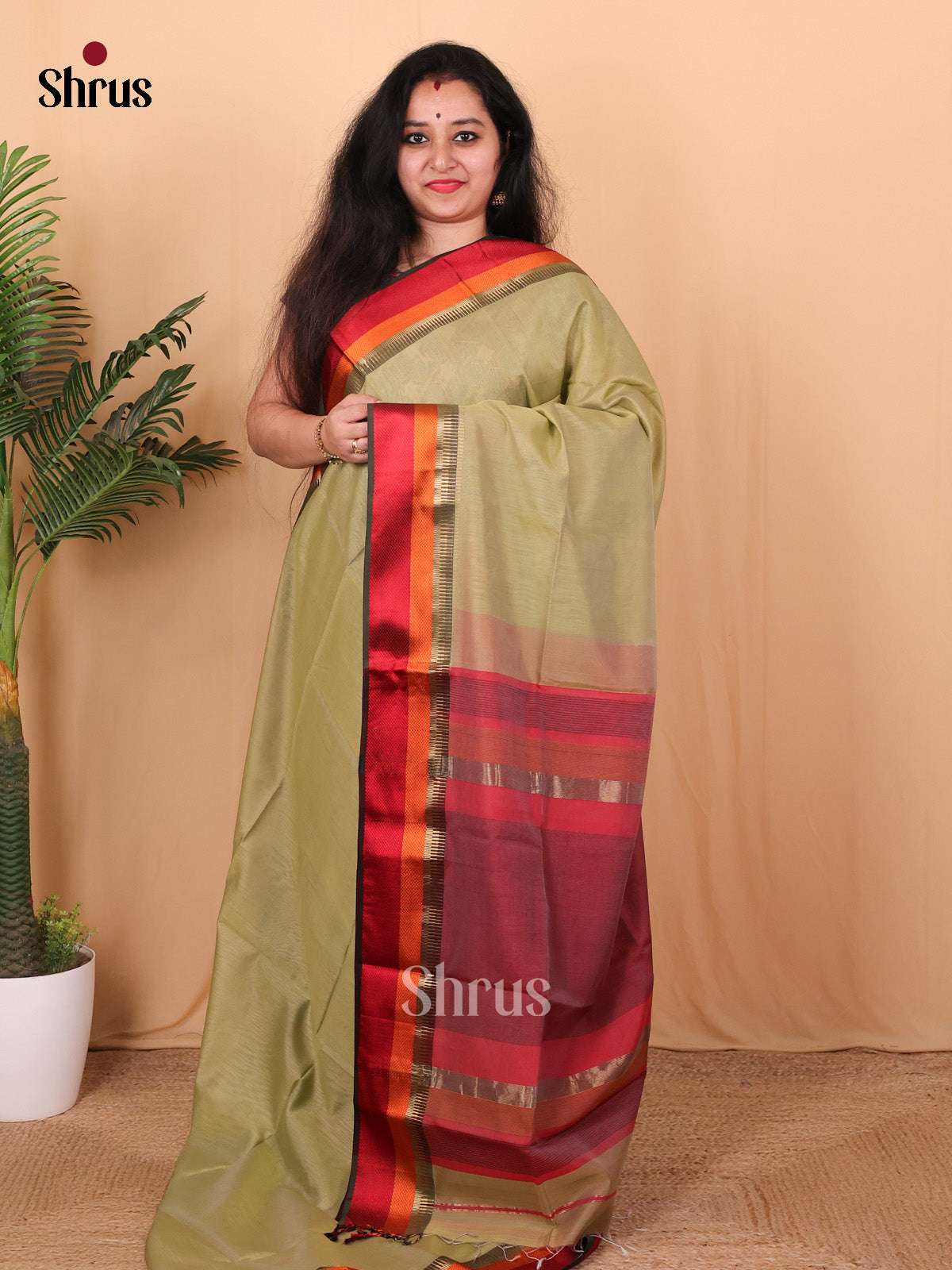 Pastel Green & Red- Maheshwari silkcotton Saree - Shop on Shrus.com