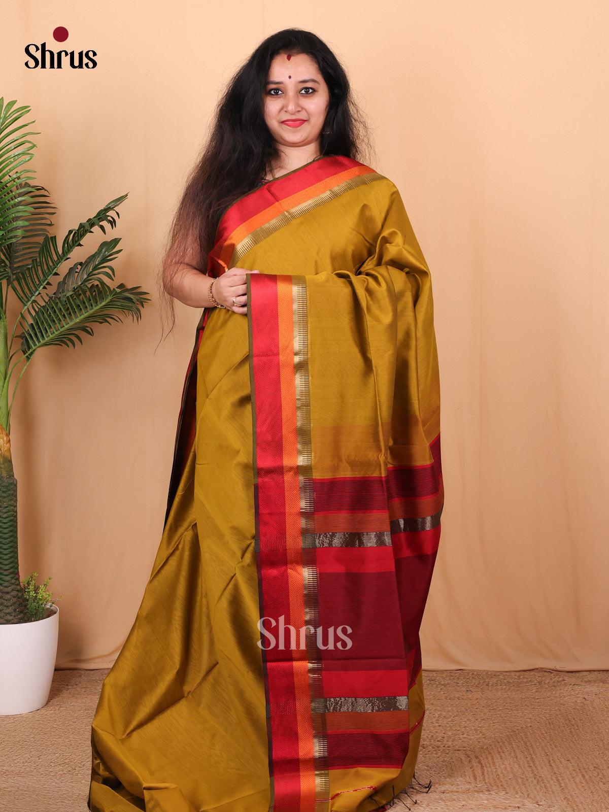 Mehandi Green & Red - Maheshwari silkcotton Saree - Shop on Shrus.com