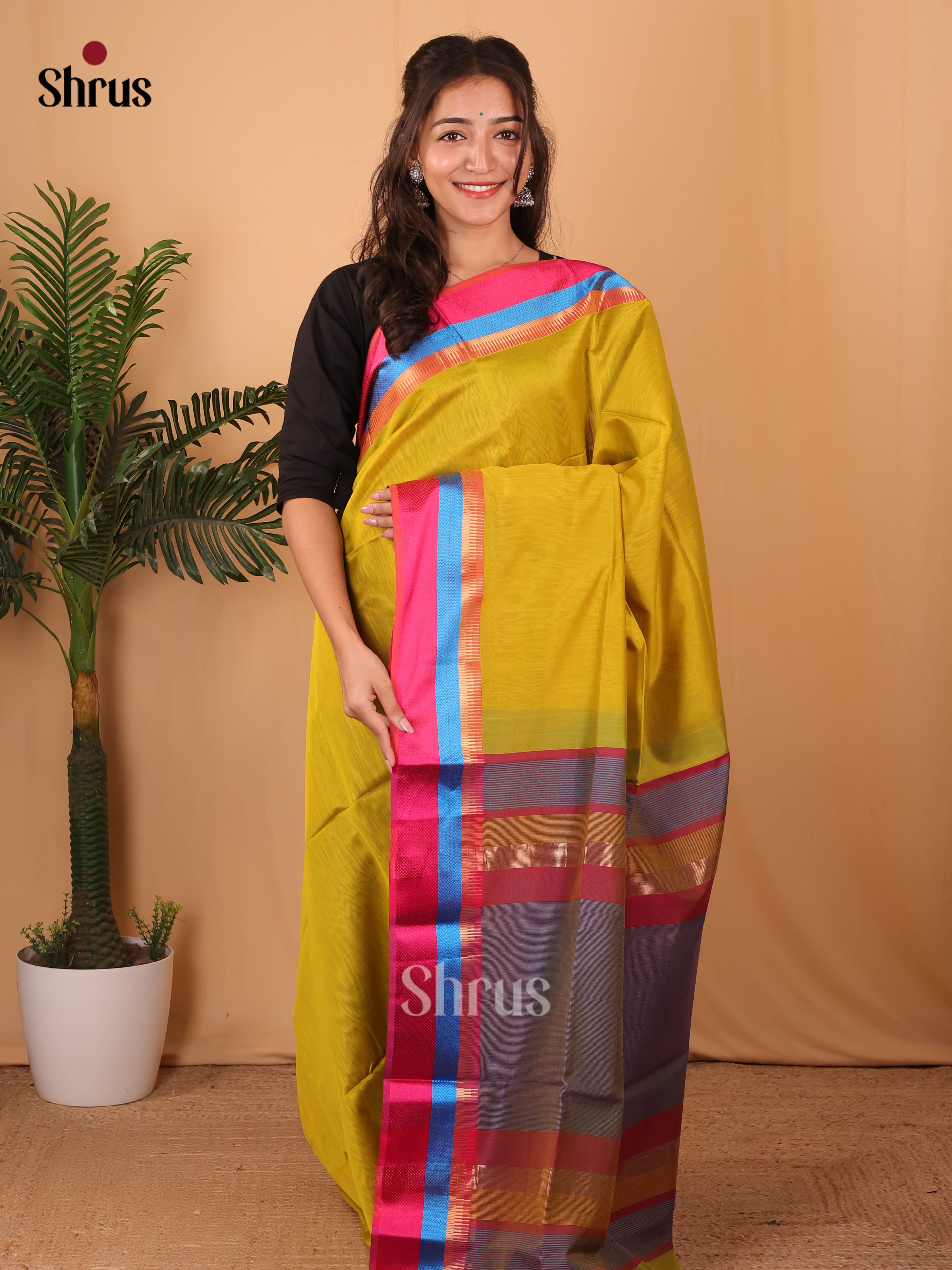 Lime Green & Blue- Maheshwari silkcotton Saree - Shop on Shrus.com