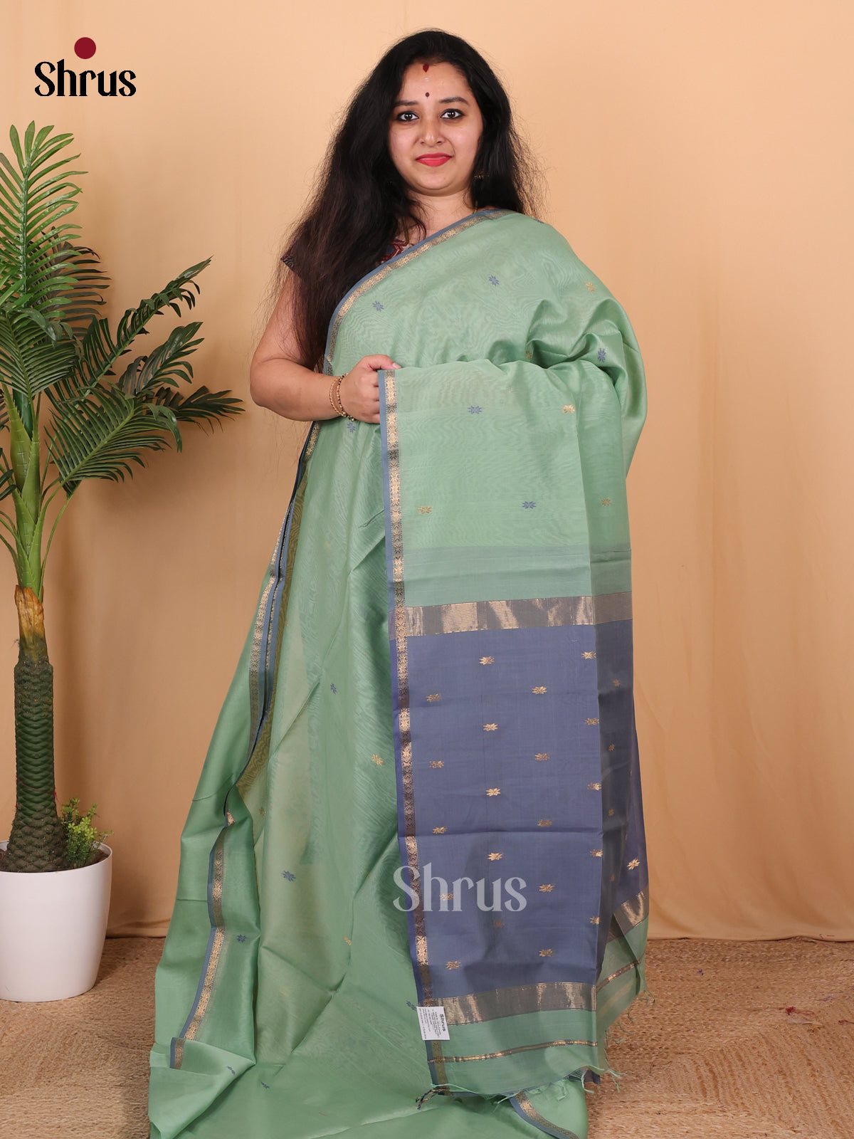 Pastel Green & Grey - Maheshwari silkcotton Saree - Shop on Shrus.com
