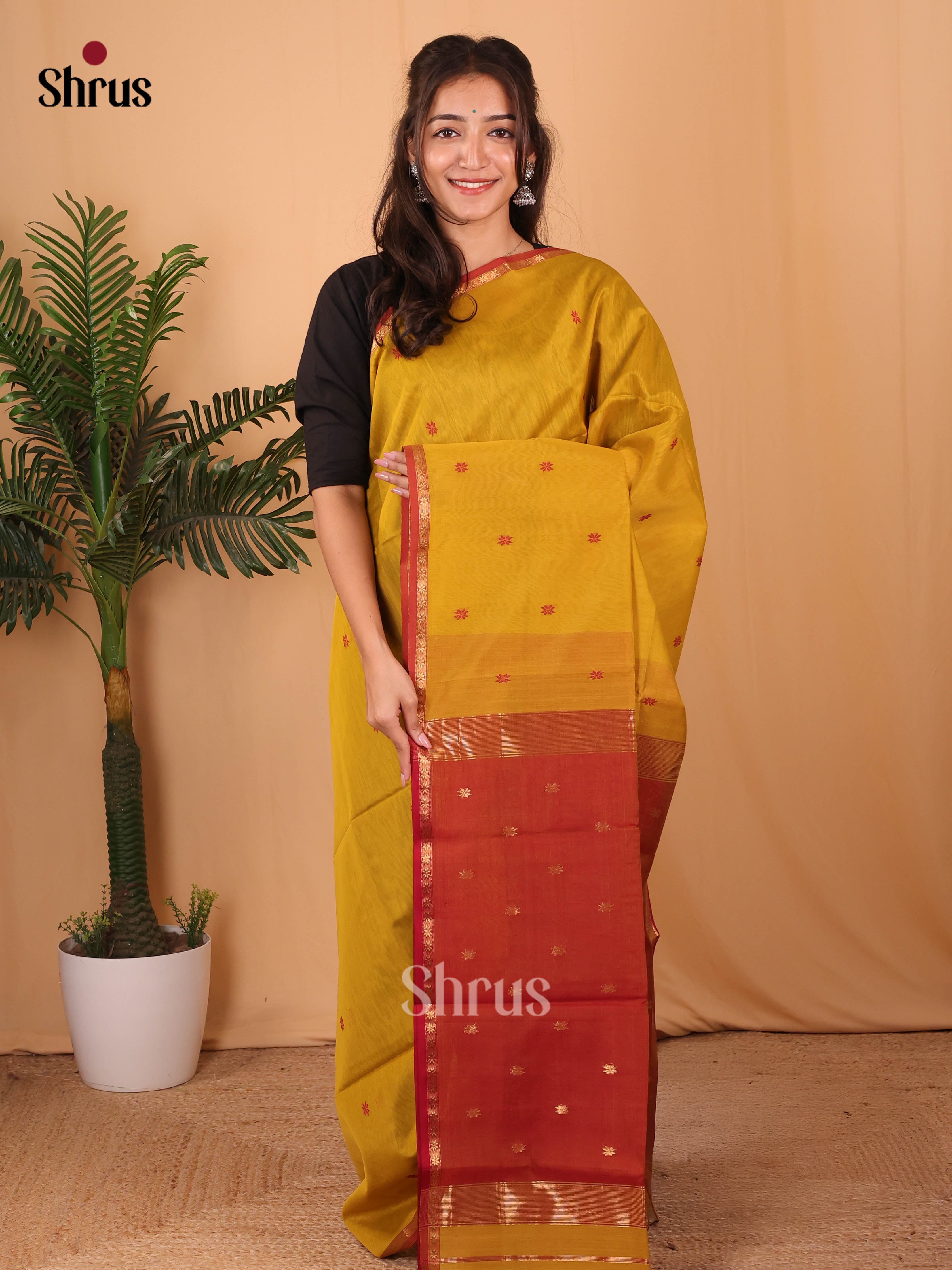 Mustard & Red - Maheshwari silkcotton Saree - Shop on Shrus.com