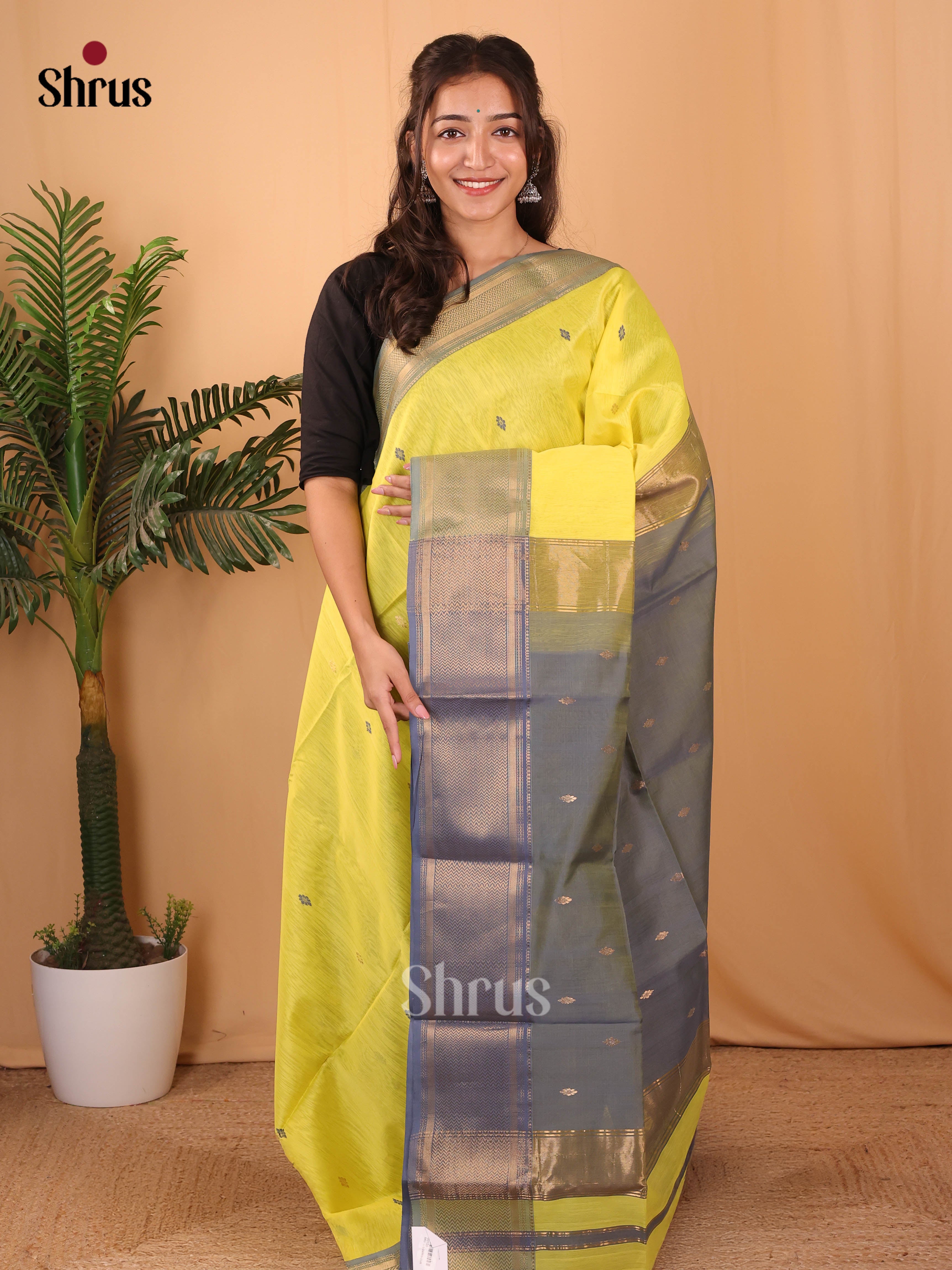 Lite Green & Grey - Maheshwari silkcotton Saree - Shop on Shrus.com