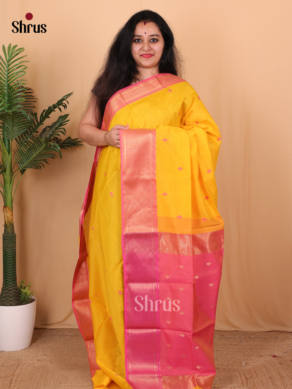 Yellow & Pink - Maheshwari silkcotton Saree - Shop on Shrus.com
