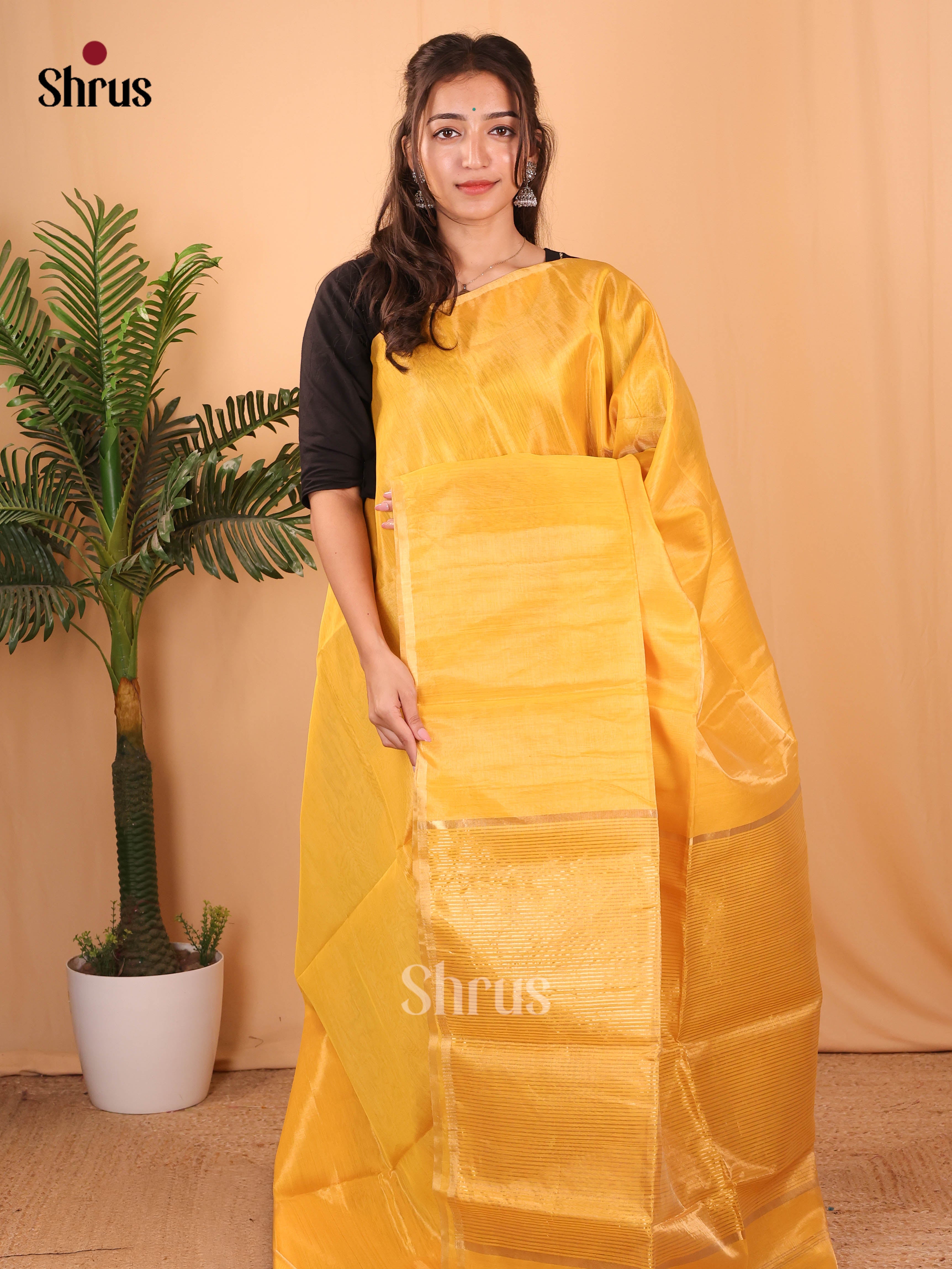 Yellow(Single Tone) - Maheshwari silkcotton Saree - Shop on Shrus.com