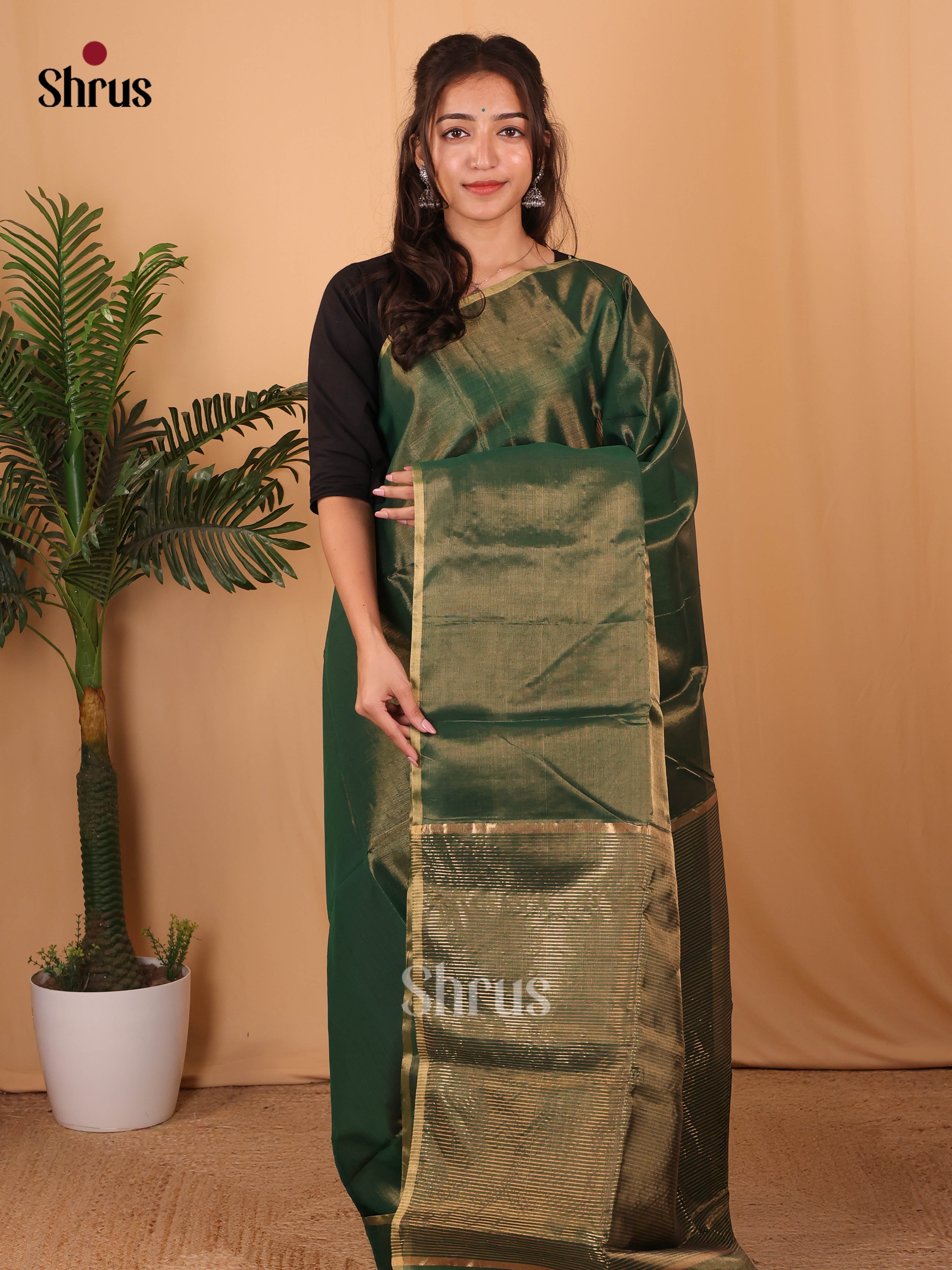 Green(Single tone) - Maheshwari silkcotton Saree - Shop on Shrus.com