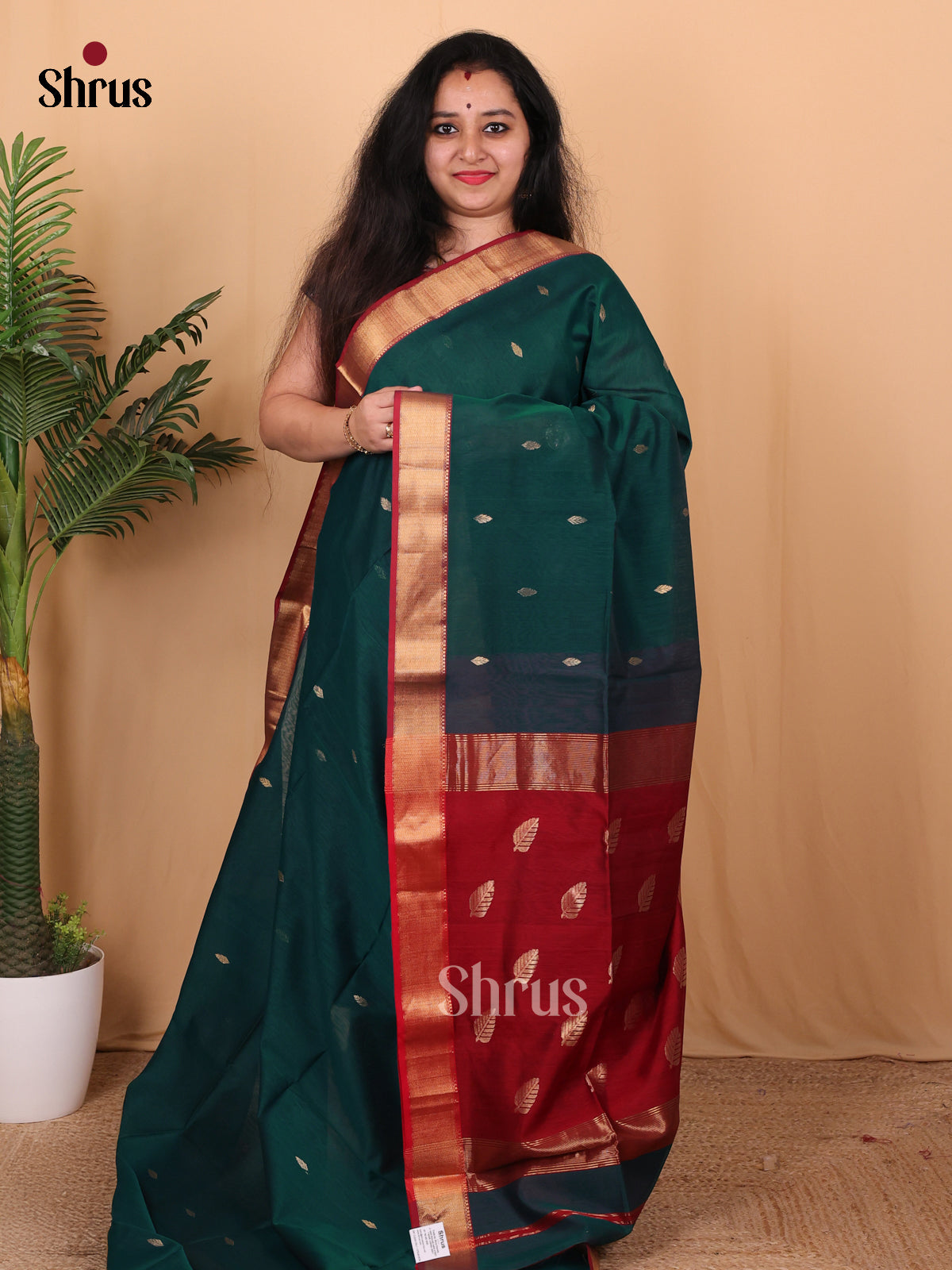 Green & Red - Maheshwari silkcotton Saree - Shop on Shrus.com