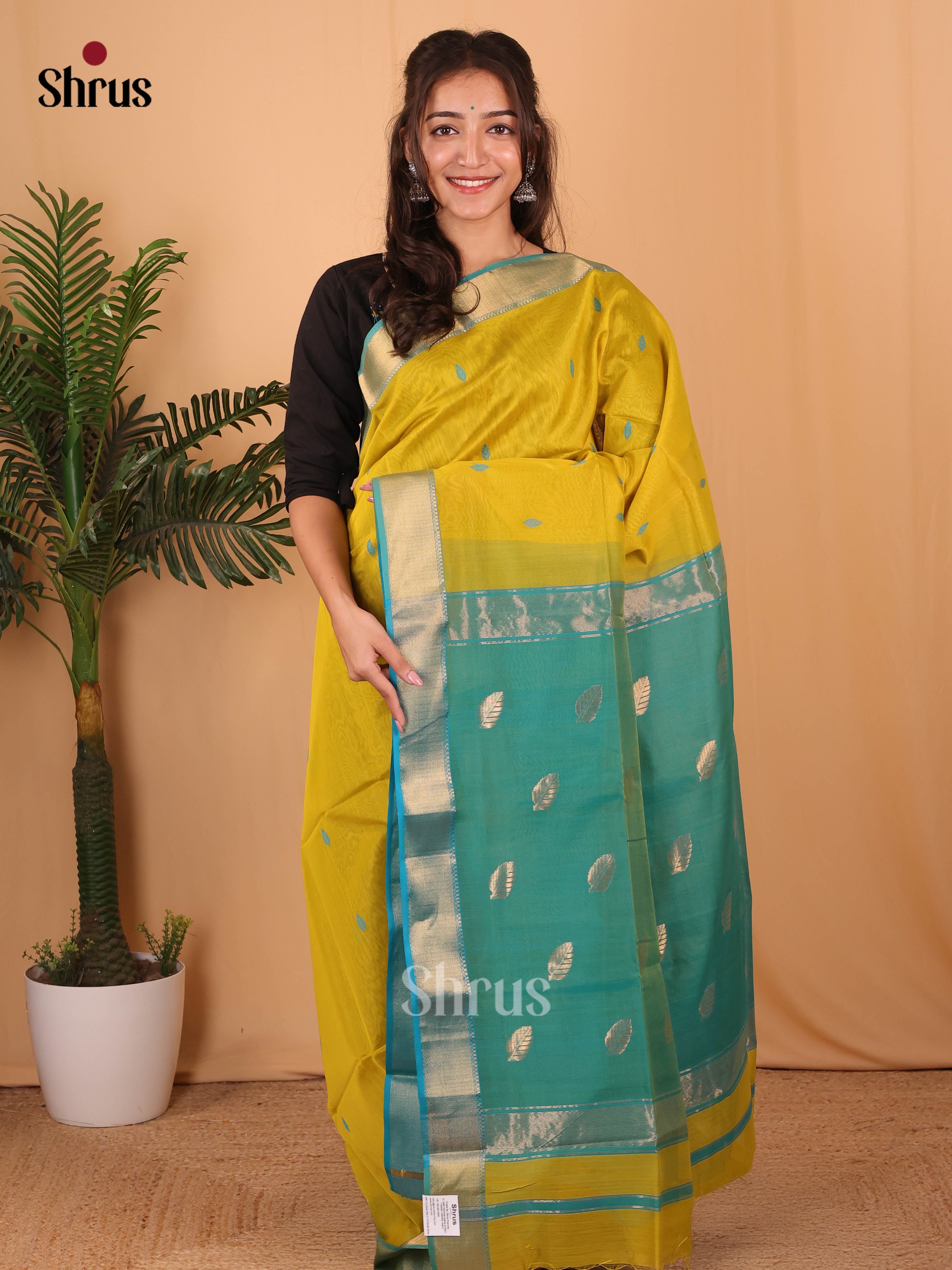 Mustardy Green & Teal Green - Maheshwari silkcotton Saree - Shop on Shrus.com