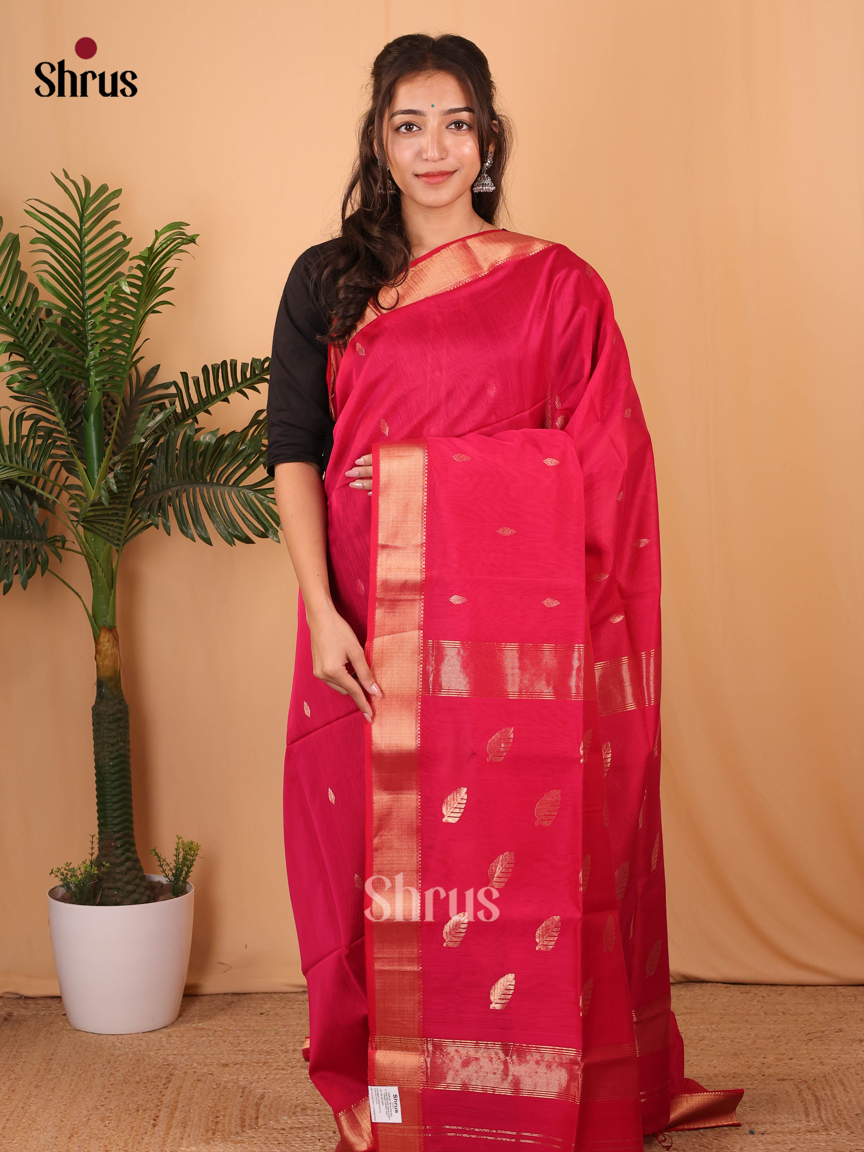 Reddish Pink(single Tone) - Maheshwari silkcotton Saree - Shop on Shrus.com