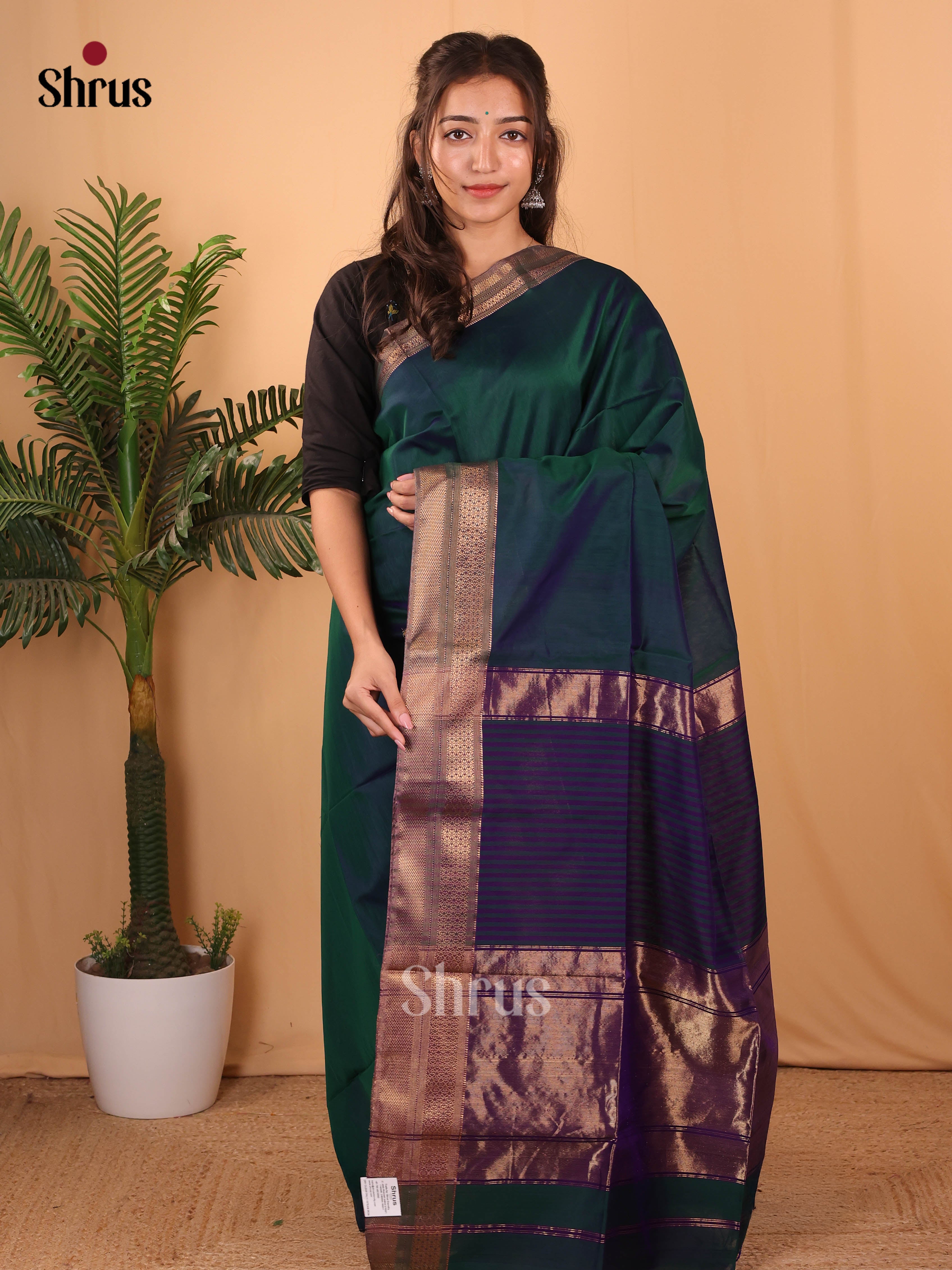 Green & Violet- Maheshwari silkcotton Saree - Shop on Shrus.com