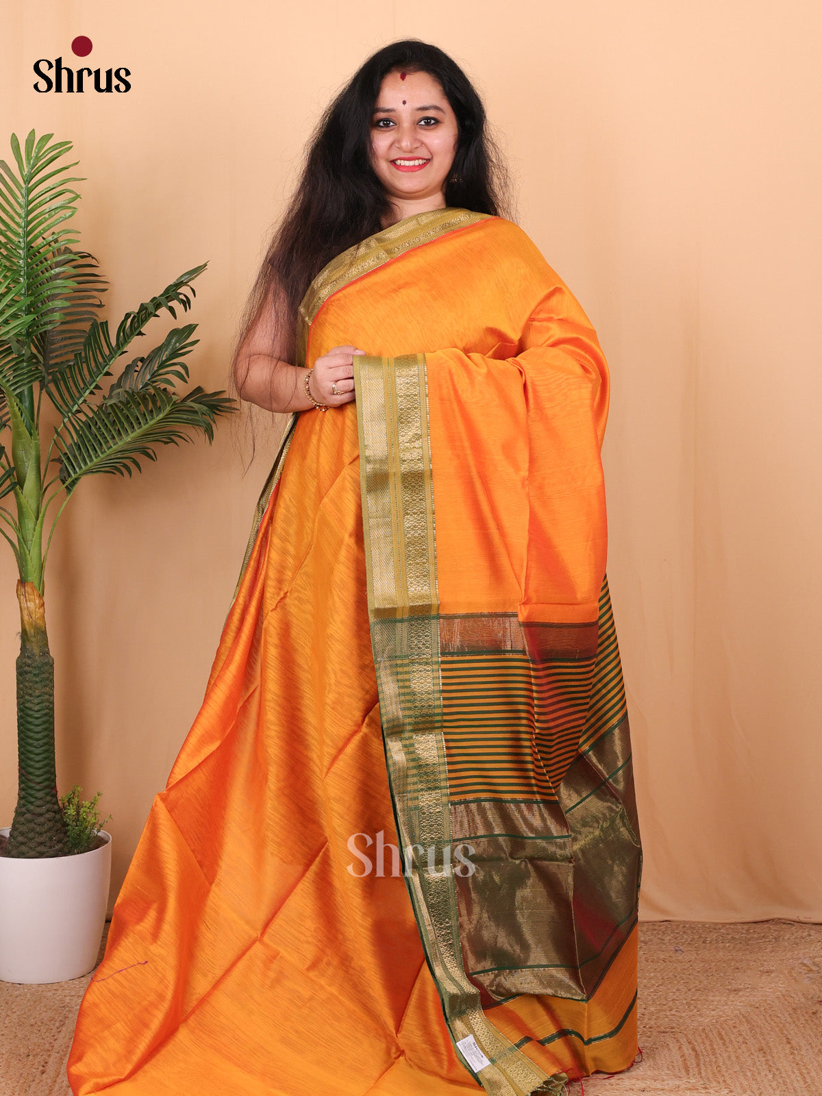 Orange & Green - Maheshwari silkcotton Saree - Shop on Shrus.com