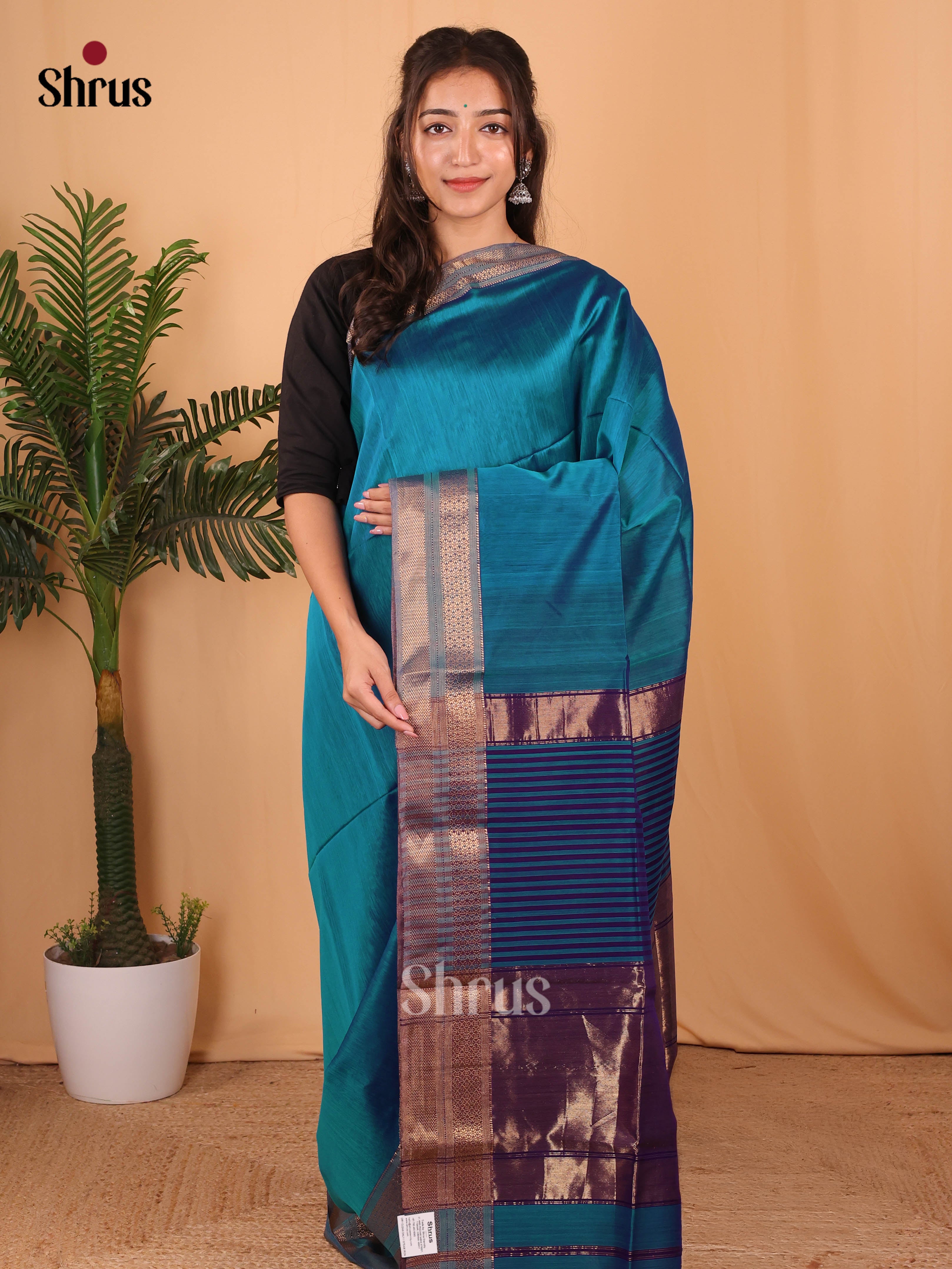 Blue & Violet - Maheshwari silkcotton Saree - Shop on Shrus.com