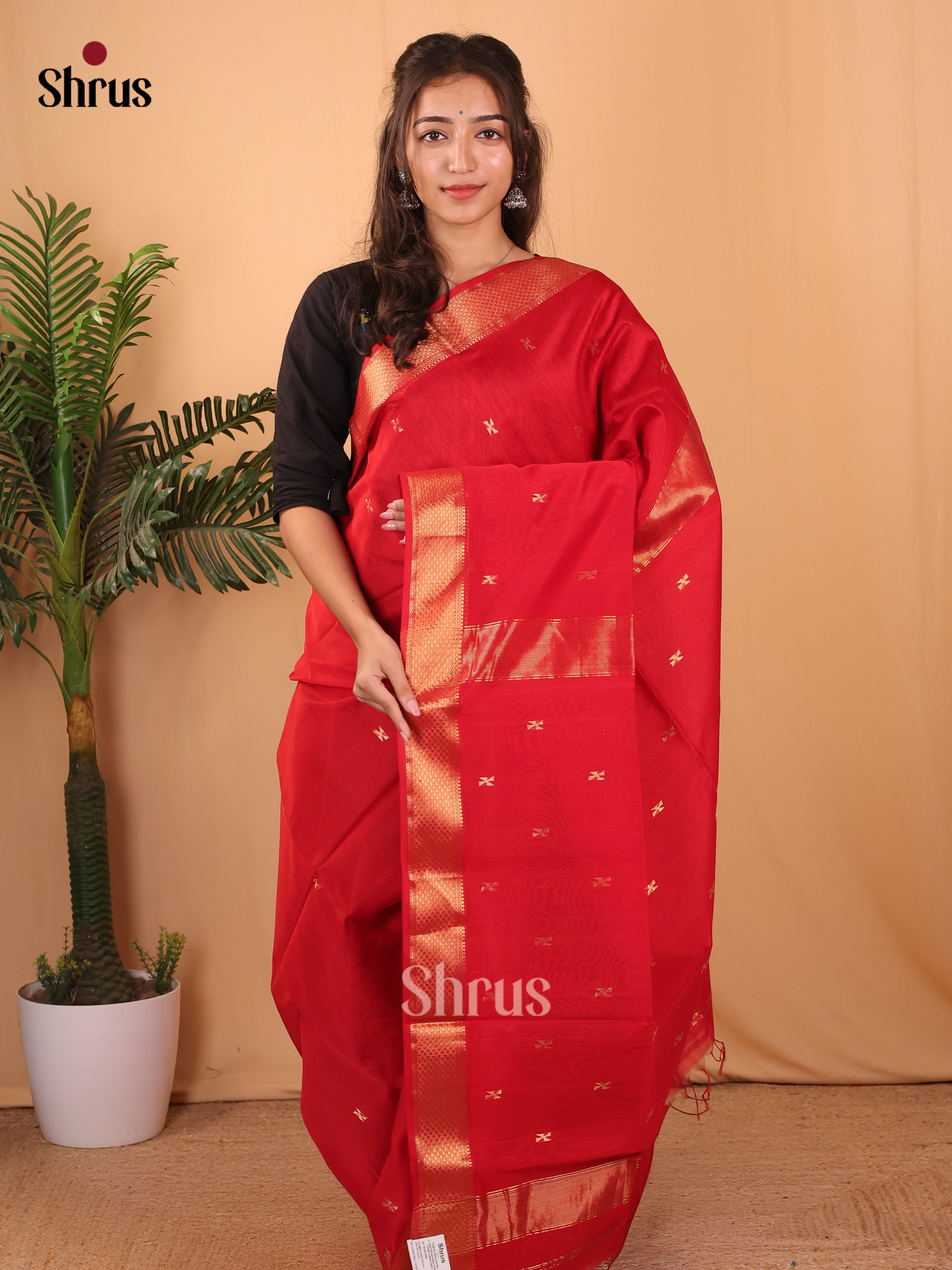 Red(single Tone) - Maheshwari silkcotton Saree - Shop on Shrus.com